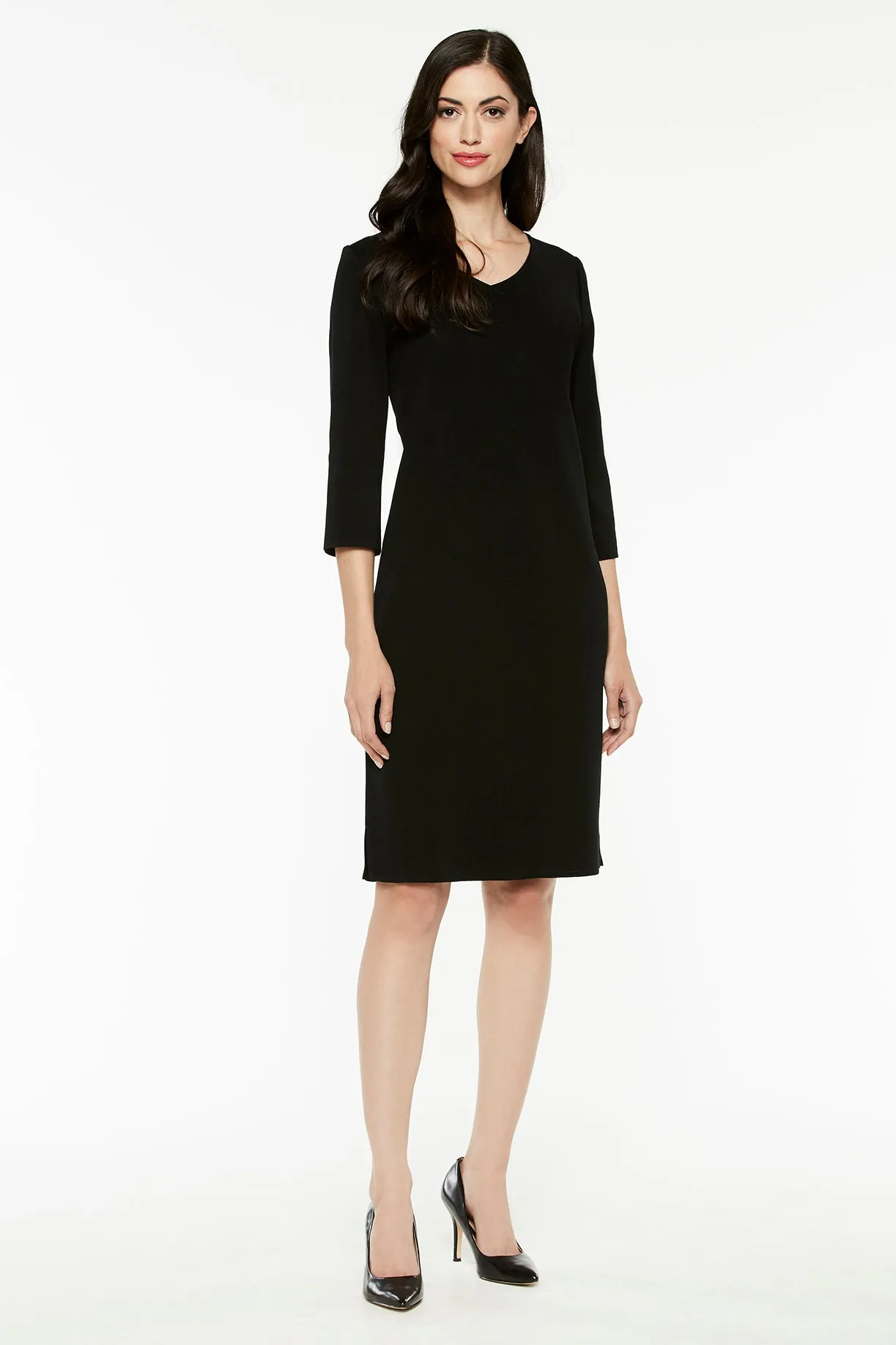 3/4 Sleeve V-Neck Knit Dress, Black