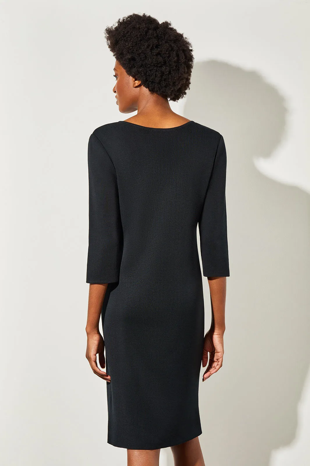 3/4 Sleeve V-Neck Knit Dress, Black