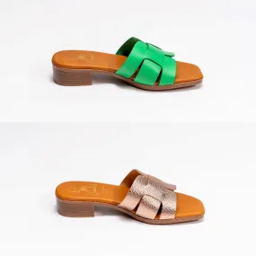 5343 Spanish leather flat sandals with cushioned sole slider Gold and Green