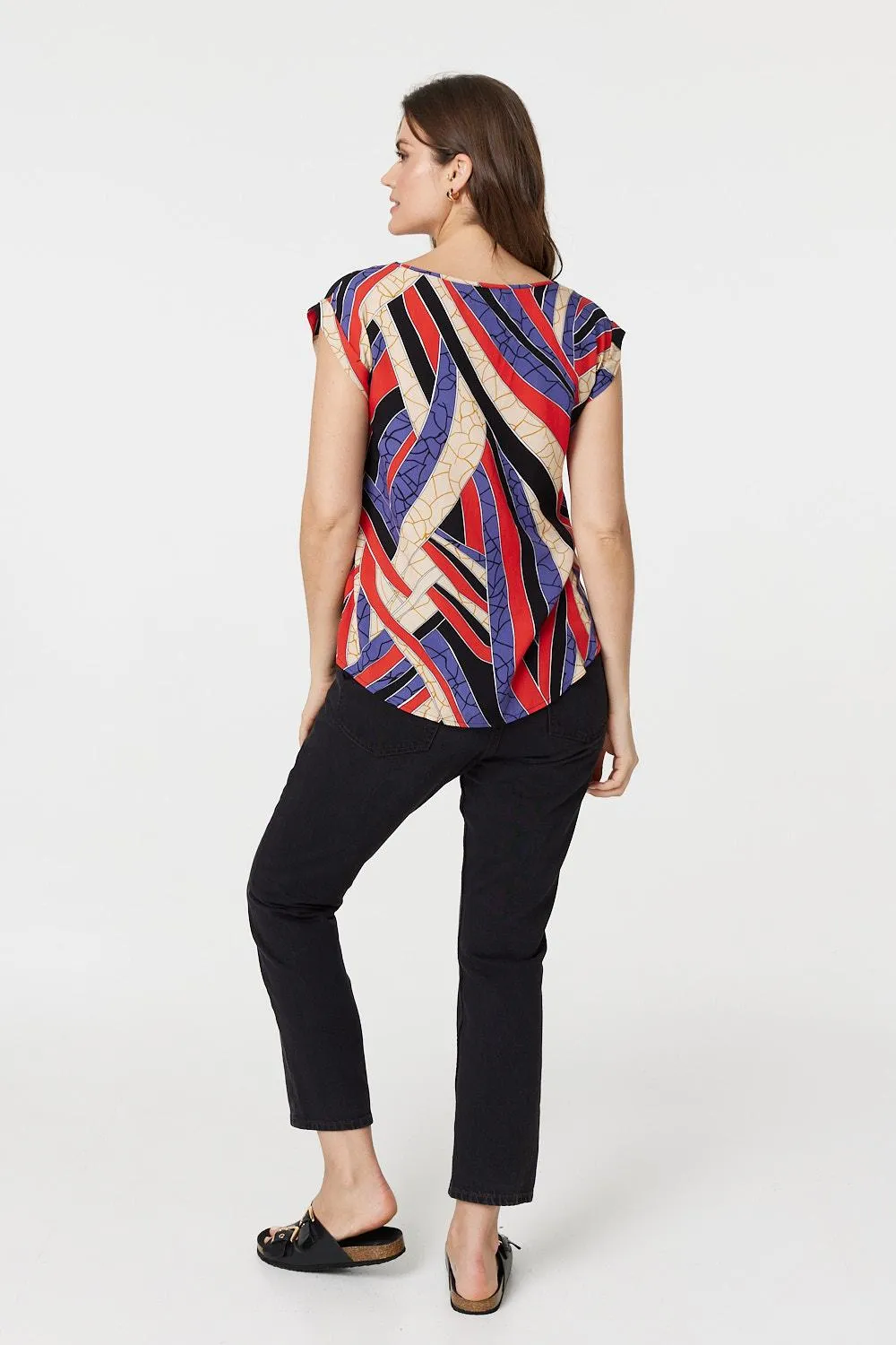 Abstract Print Turn-Up Sleeve Shell Top