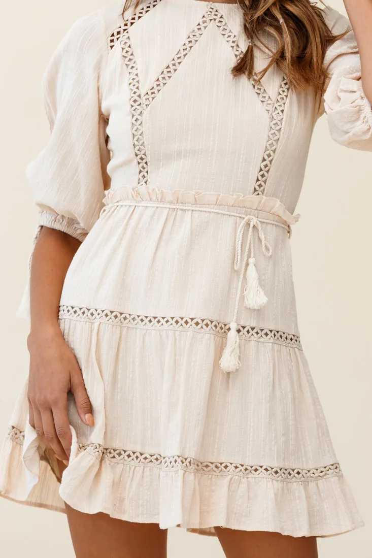 Antonia Half Puff Sleeve Crochet Detail Dress Beige