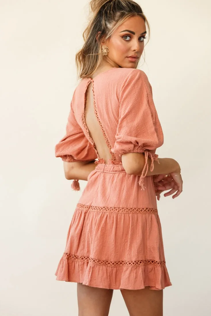 Antonia Half Puff Sleeve Crochet Detail Dress Rose