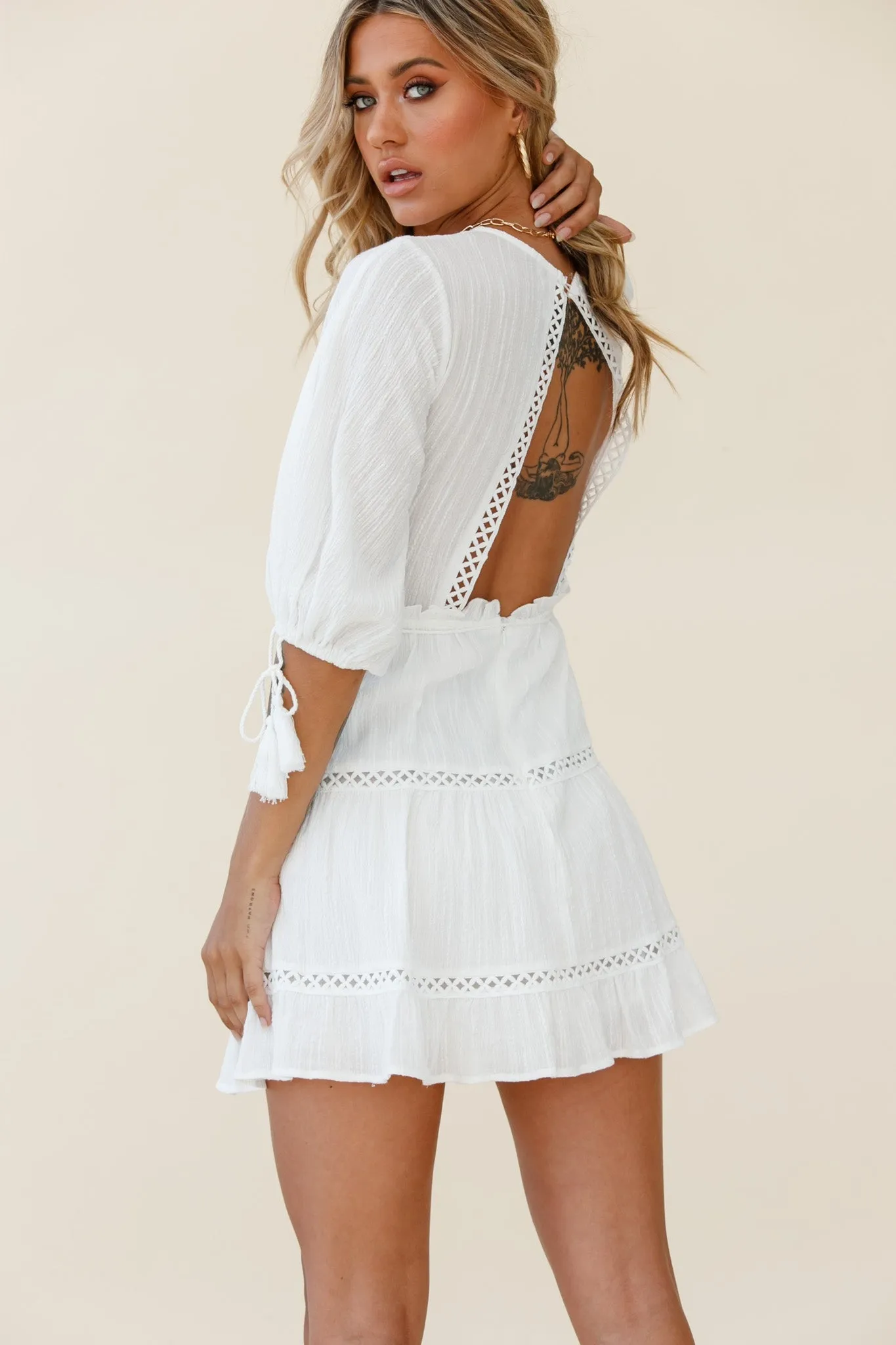 Antonia Half Puff Sleeve Crochet Detail Dress White