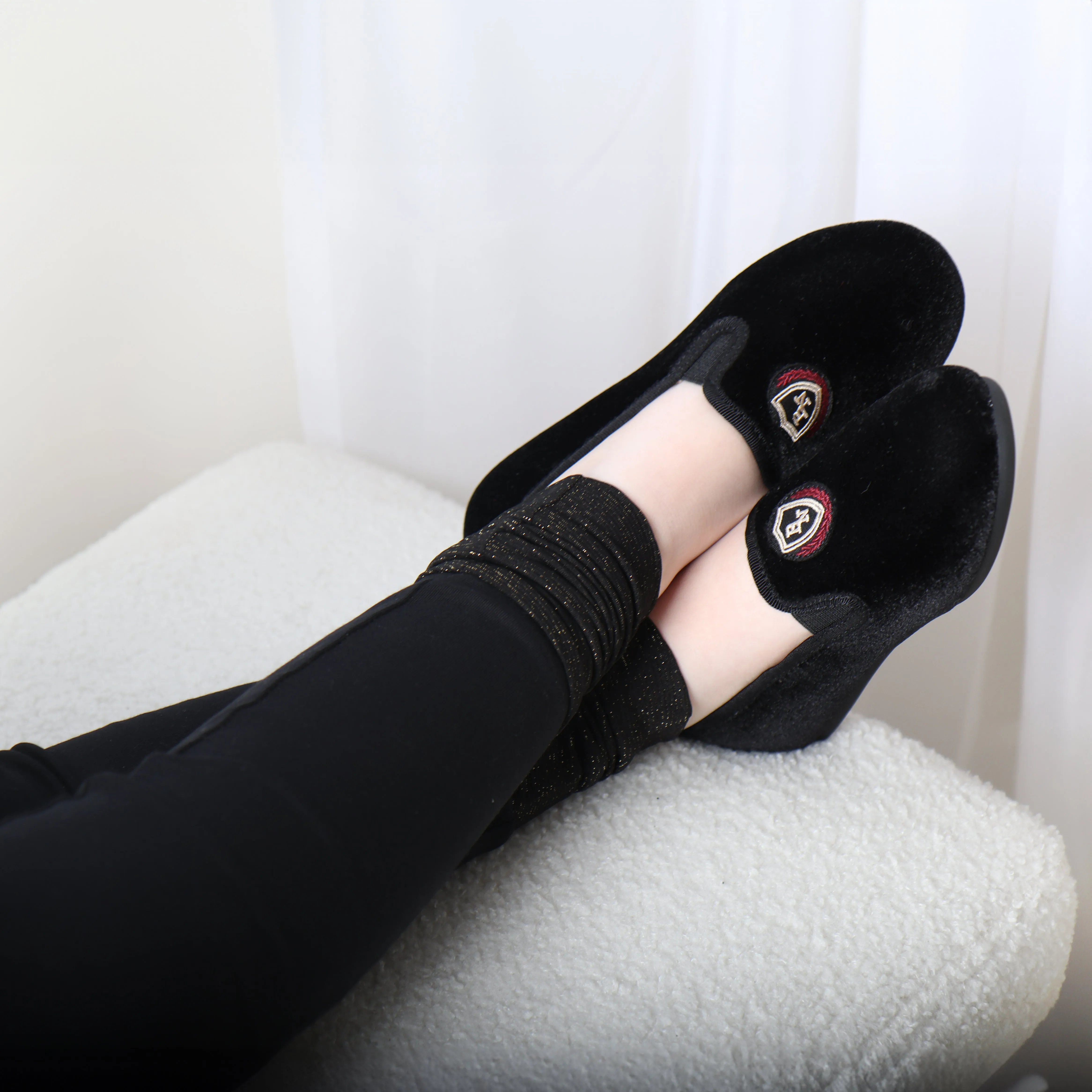 Ba & Na Black Velvet Emblem Loafer Slipper