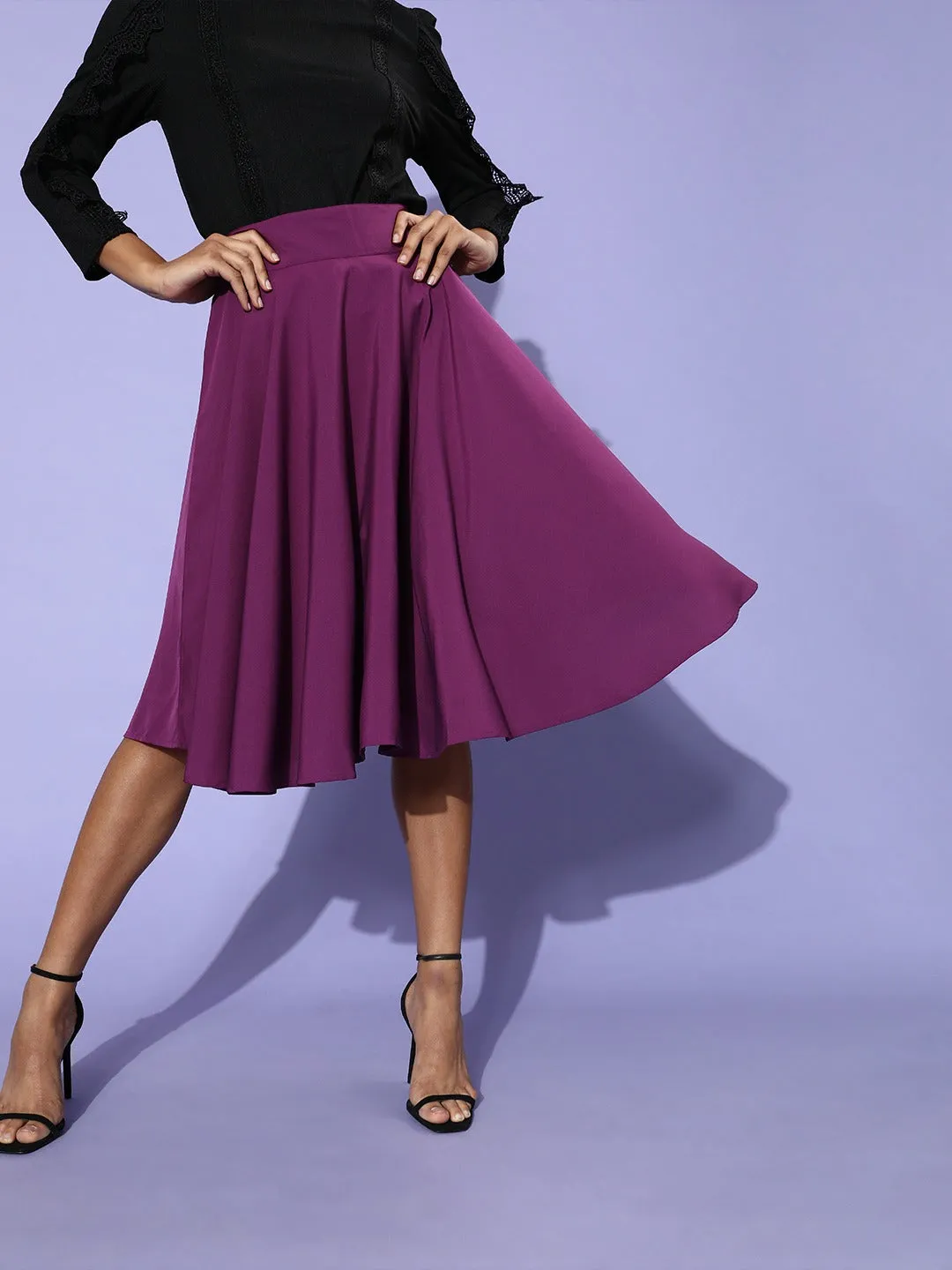 Berrylush Women Solid Purple Flared A-Line Midi Skirt