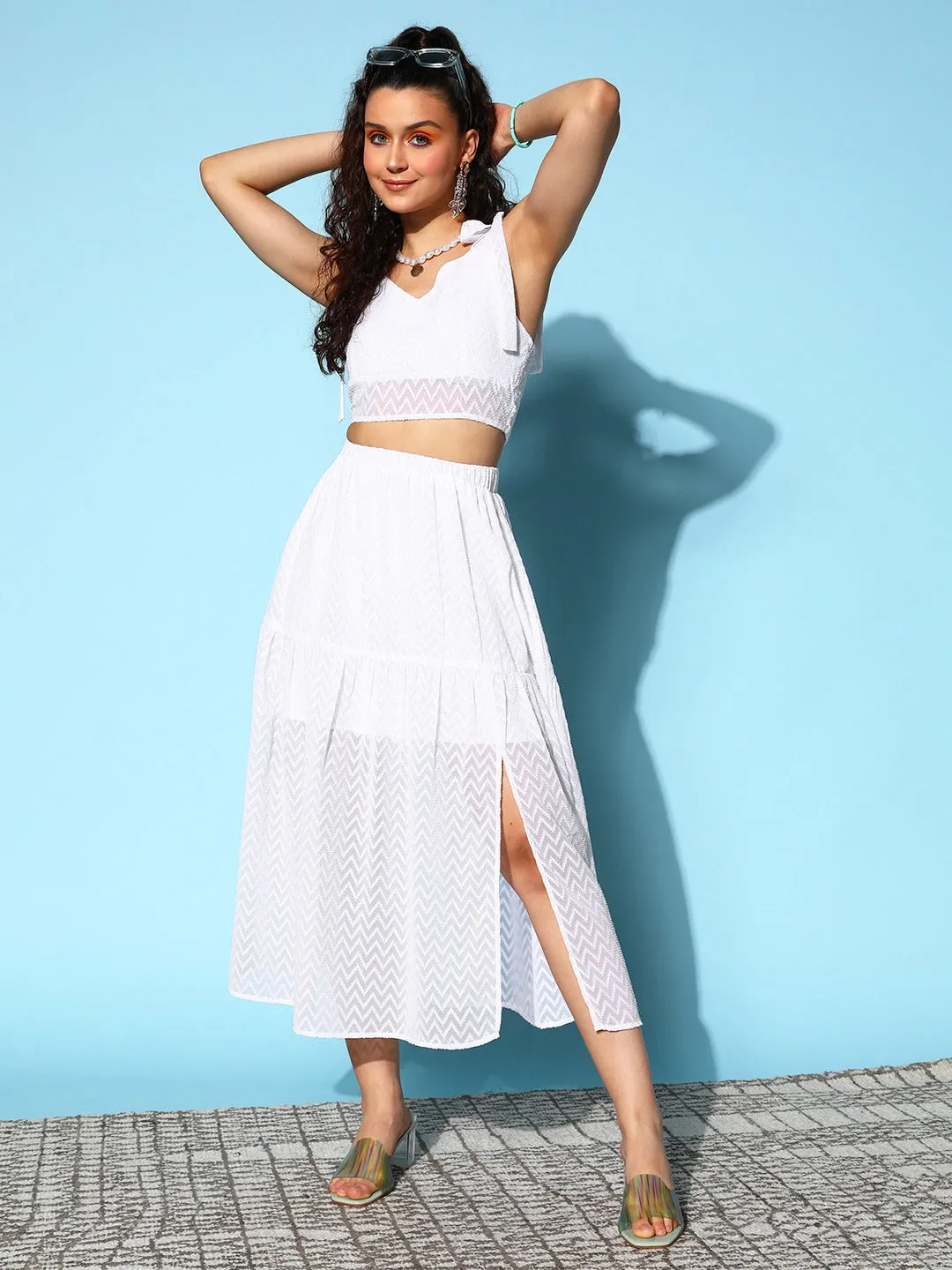 Berrylush Women Solid White Back Tie Shoulder Crop Cami Top & Slited Midi Skirt Co-Ord Set