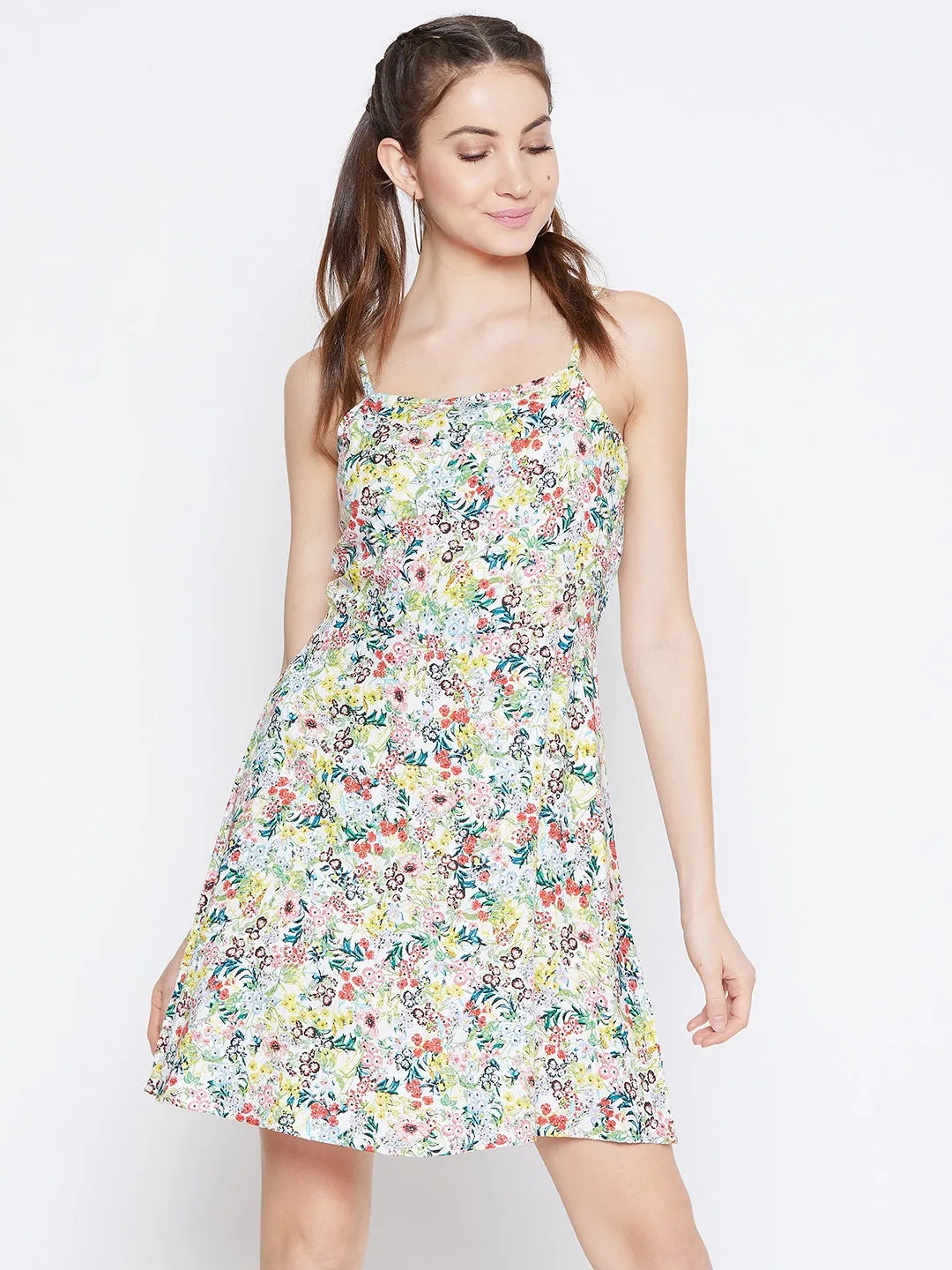 Berrylush Women White & Multicoloured Floral Printed Square Neck Fit & Flare Mini Dress