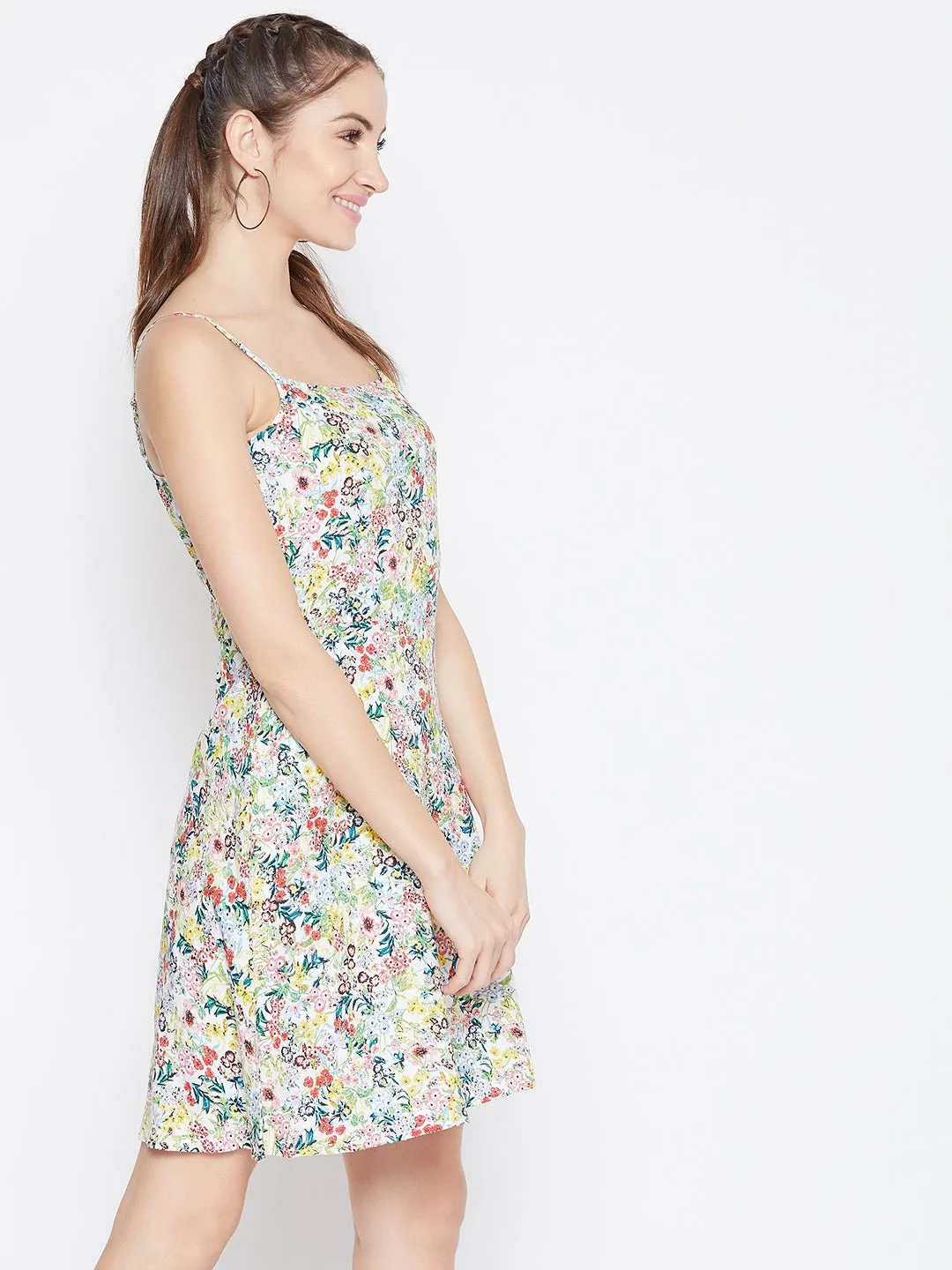 Berrylush Women White & Multicoloured Floral Printed Square Neck Fit & Flare Mini Dress