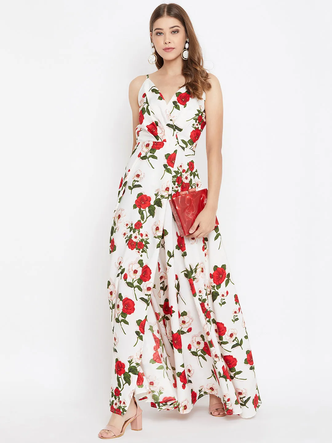 Berrylush Women White & Red Floral Printed V-Neck Thigh-High Slit Maxi Dress