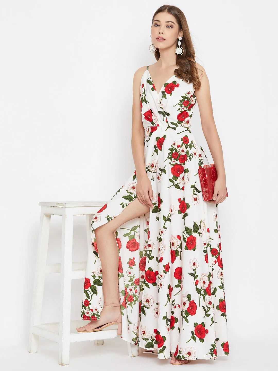 Berrylush Women White & Red Floral Printed V-Neck Thigh-High Slit Maxi Dress