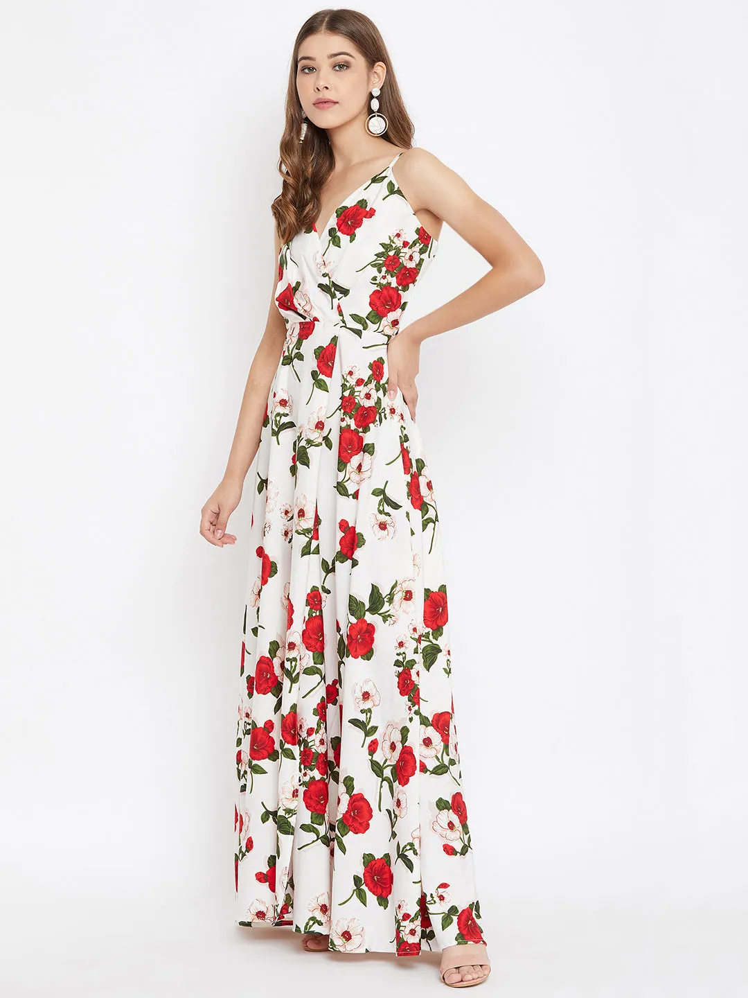 Berrylush Women White & Red Floral Printed V-Neck Thigh-High Slit Maxi Dress