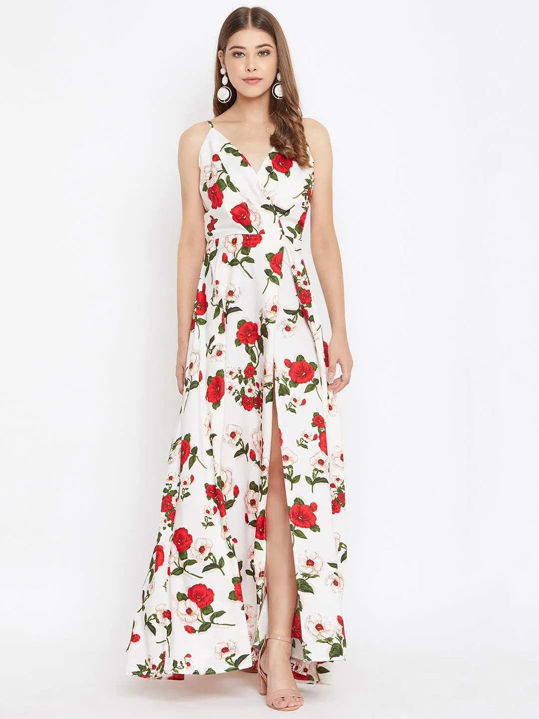 Berrylush Women White & Red Floral Printed V-Neck Thigh-High Slit Maxi Dress