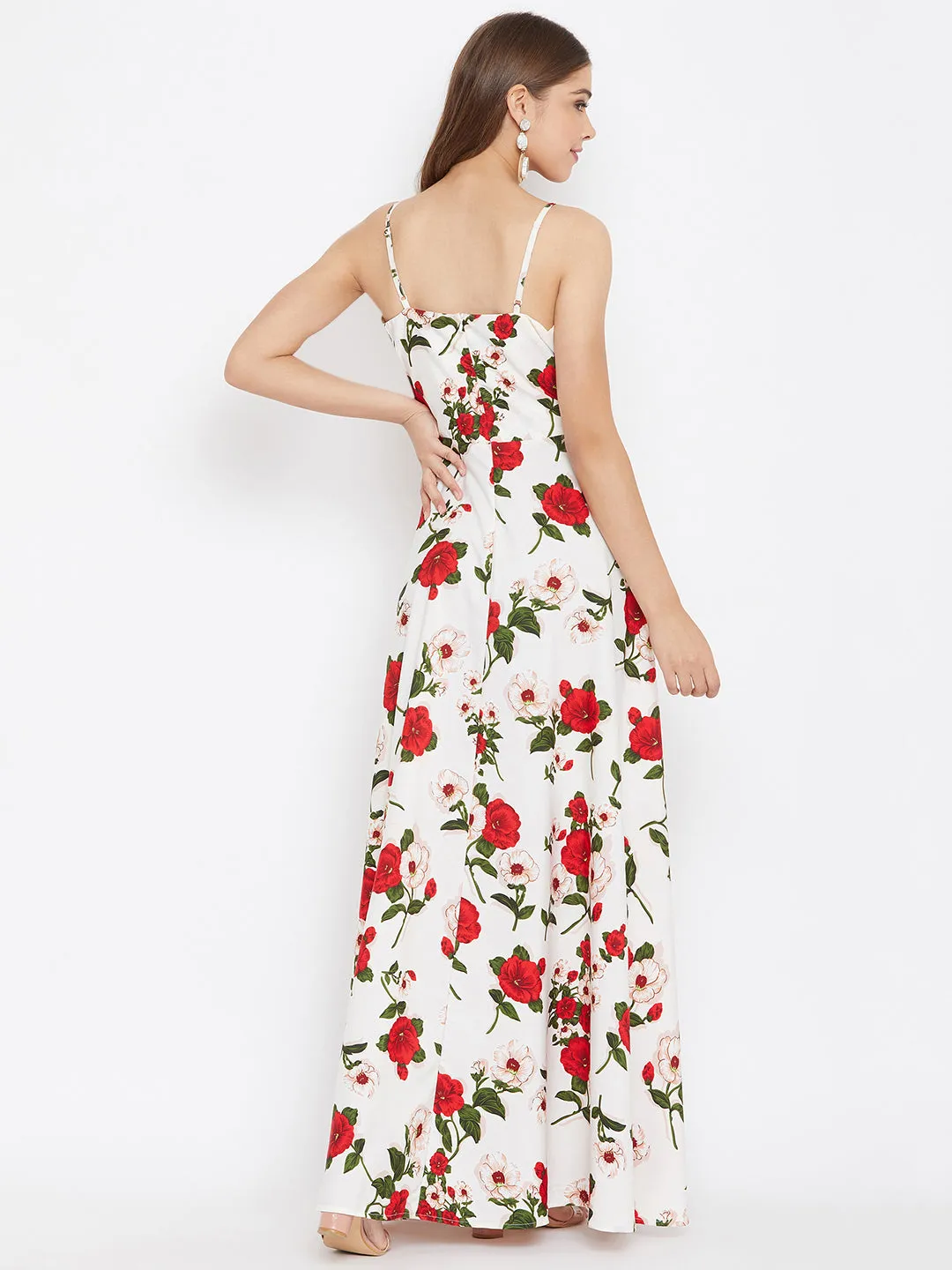 Berrylush Women White & Red Floral Printed V-Neck Thigh-High Slit Maxi Dress