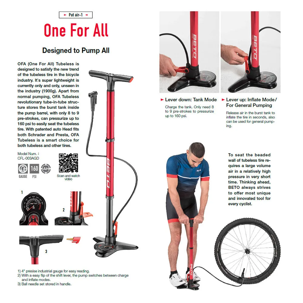 BETO Tubeless Alloy Floor Pump Bike Pump with Gauge CFL-003AGD Air Pump Bike Accessories