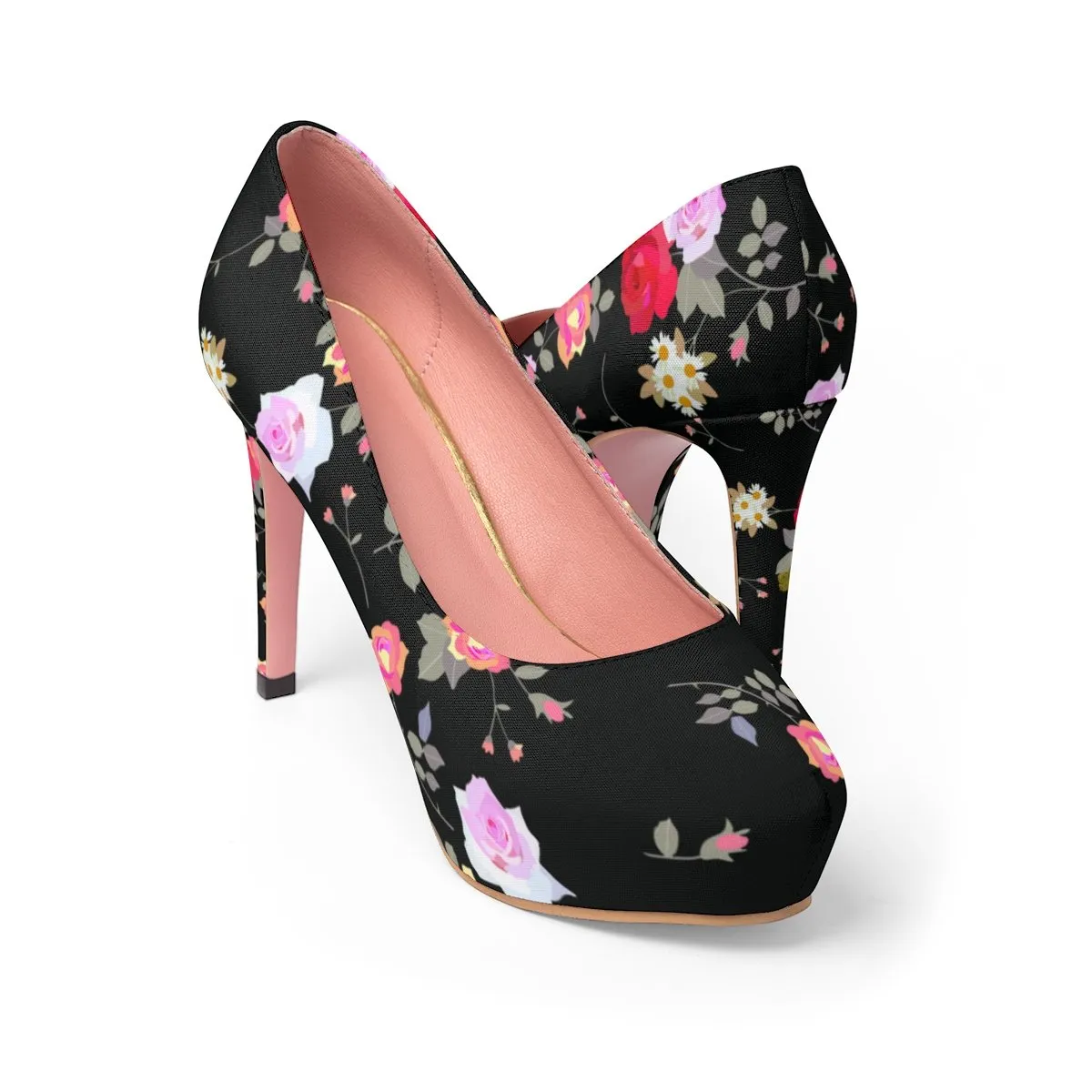 Black Floral Rose Heels, Flower Print Best Women's Platform Heels Stiletto Pumps Shoes