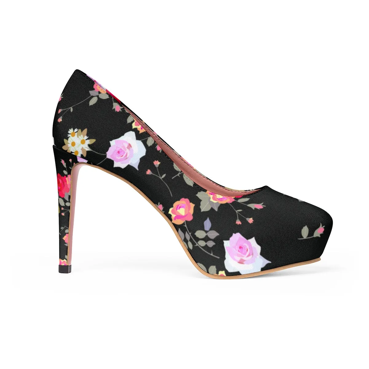 Black Floral Rose Heels, Flower Print Best Women's Platform Heels Stiletto Pumps Shoes