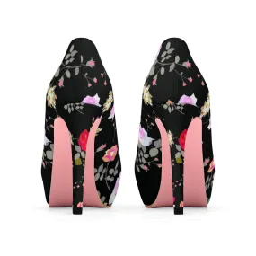 Black Floral Rose Heels, Flower Print Best Women's Platform Heels Stiletto Pumps Shoes