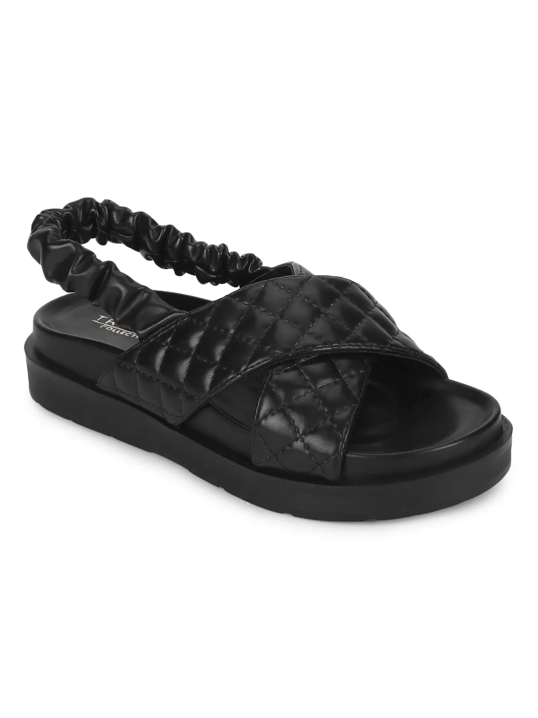 Black PU Quilted Strap Platform Sandals