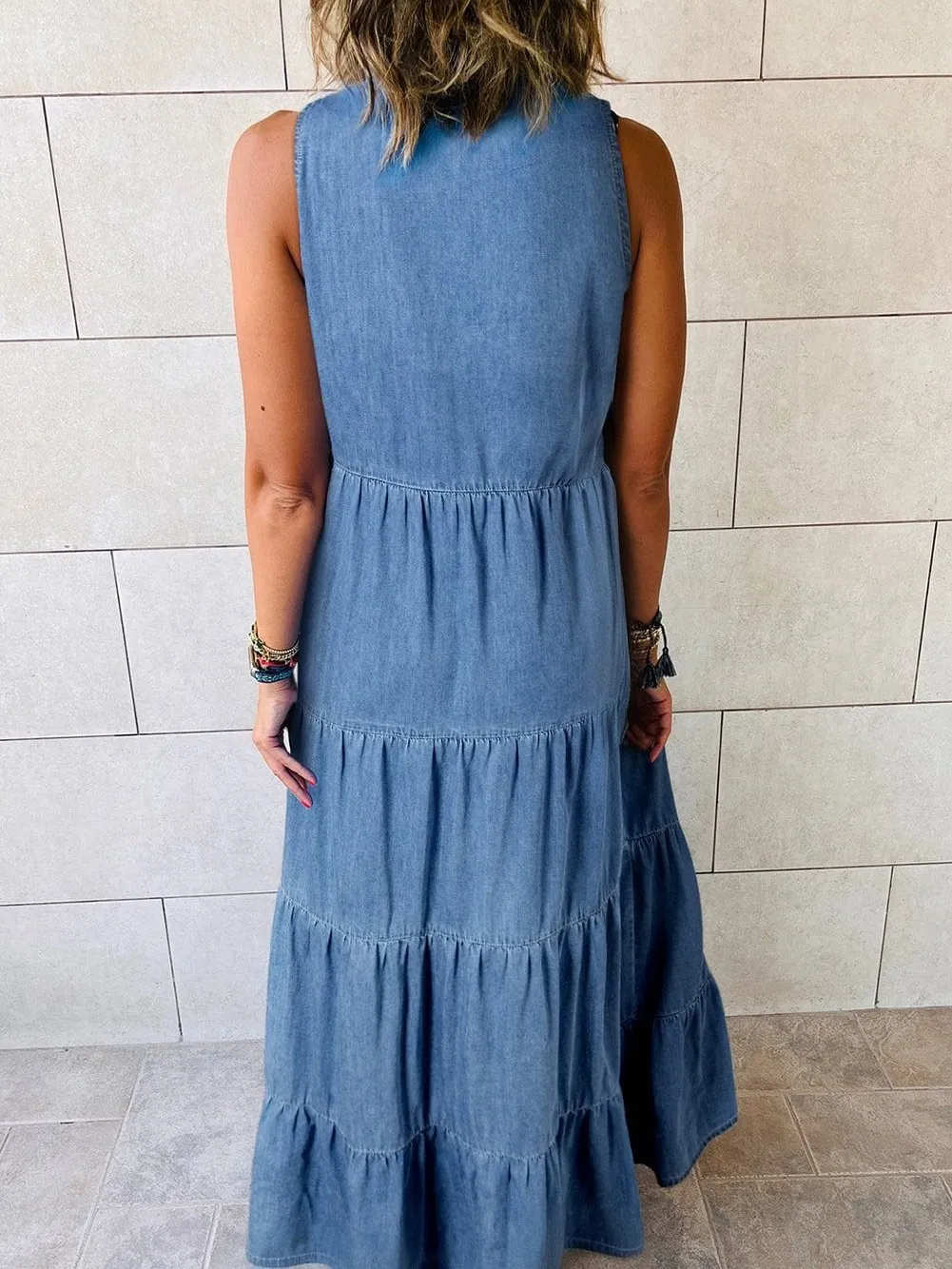 Blue Chambray Tiered Maxi Dress with Sleeveless Design