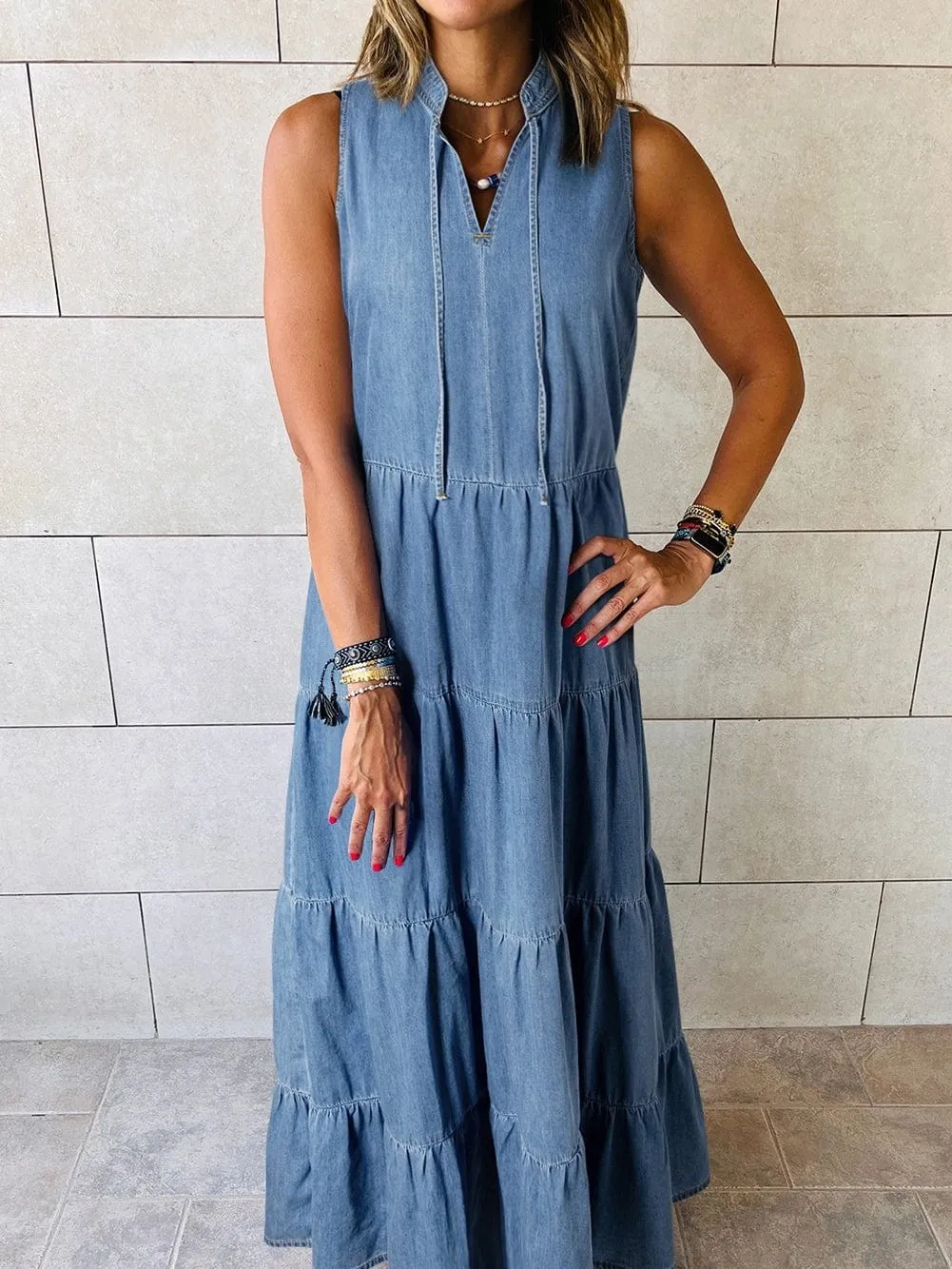 Blue Chambray Tiered Maxi Dress with Sleeveless Design