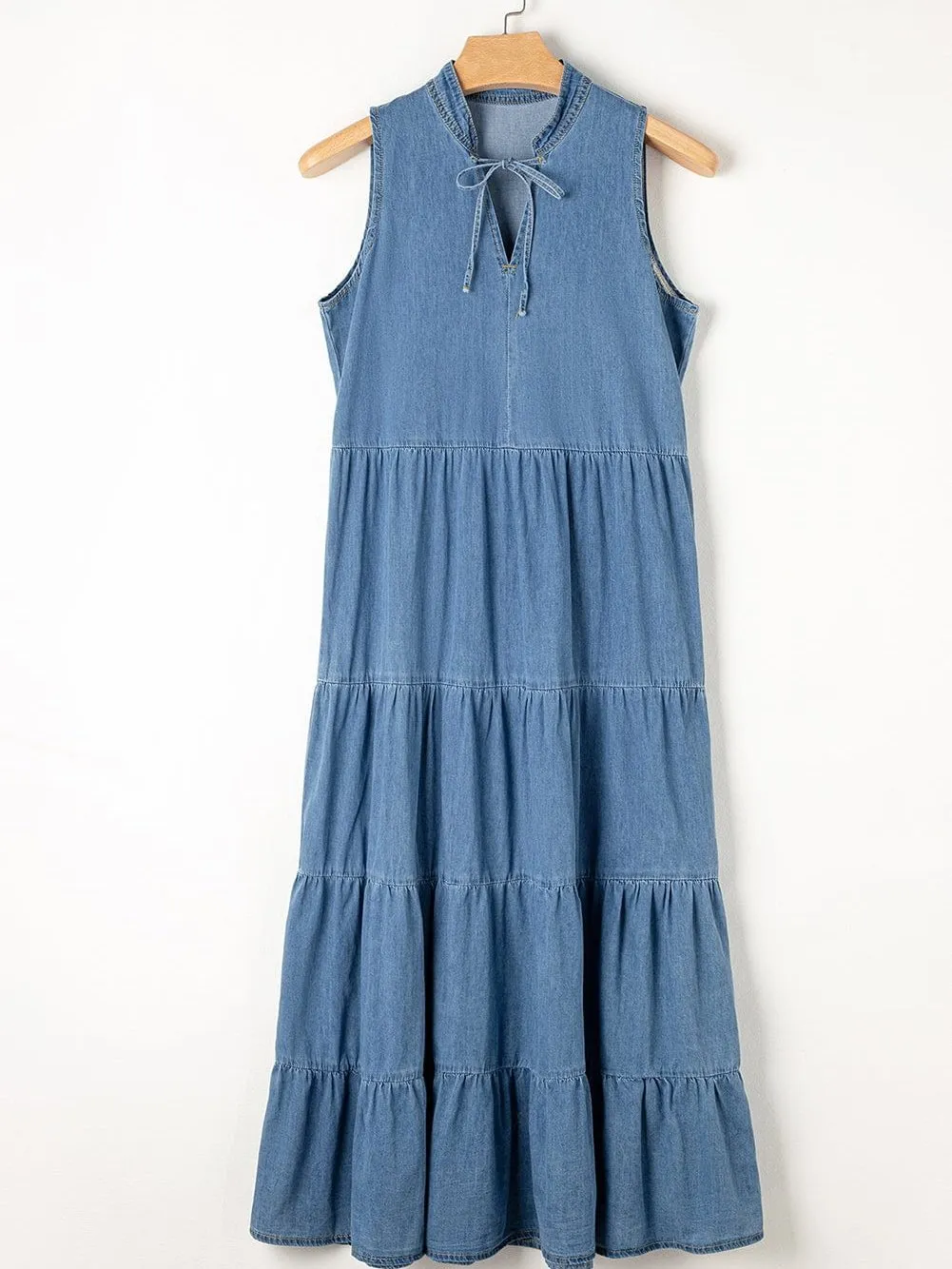 Blue Chambray Tiered Maxi Dress with Sleeveless Design