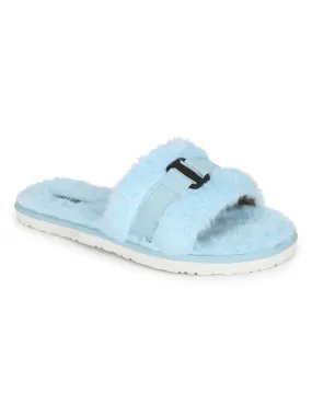 Blue Fuzzy Fur Slip Ons With Buckle (TC-ST-1167-BLU)