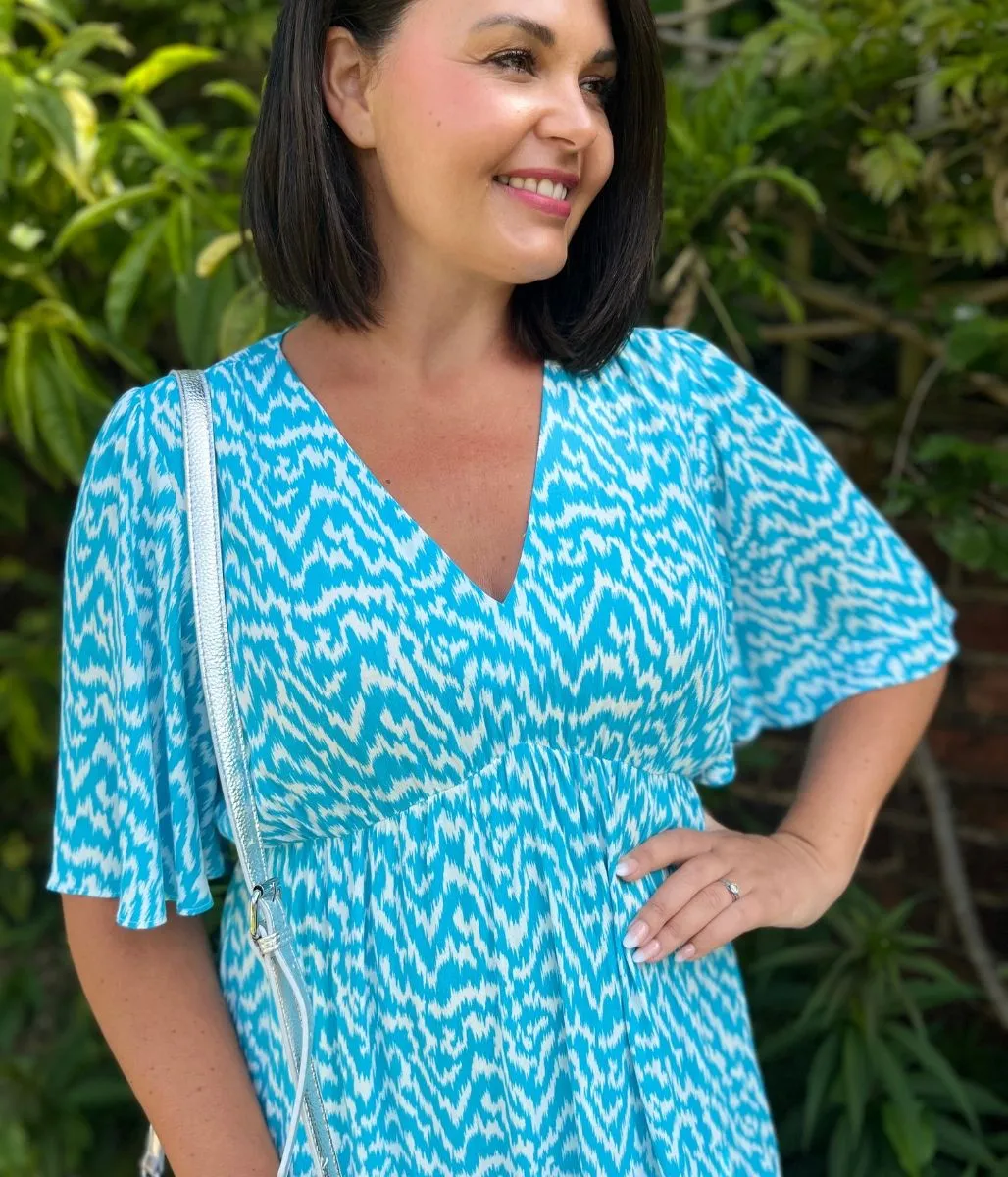 Blue Ikat Print Midi Dress