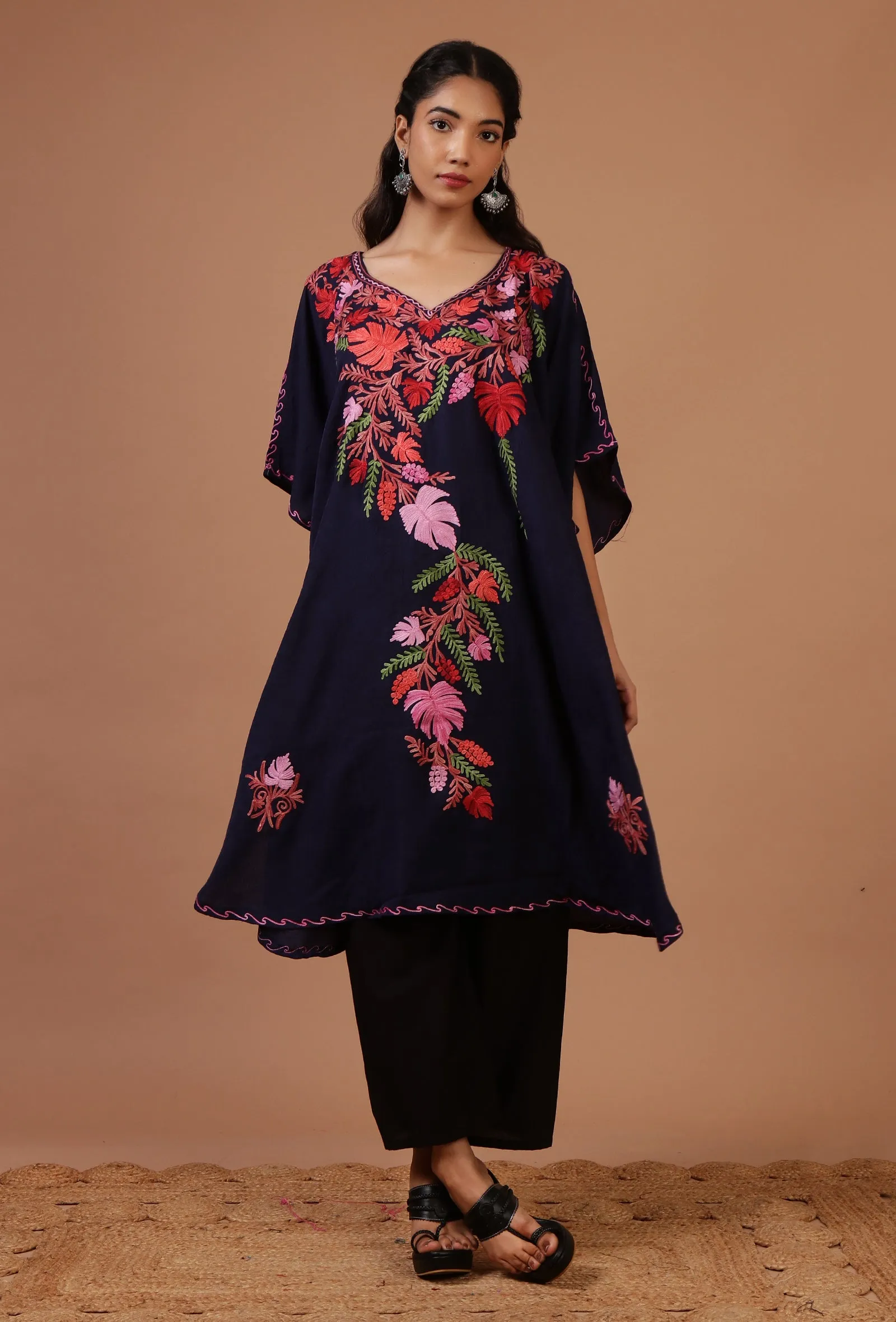 Bluish Purple Cotton Crush Ari Embroidered Kaftan- Free Size