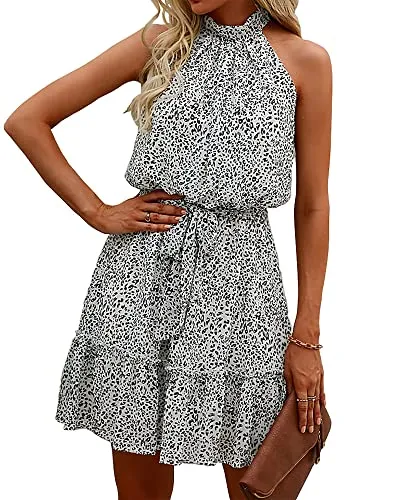 BTFBM Women 2023 Summer Halter Neck Dresses Sleeveless Casual Floral Polka Dot Leopard Print Short Boho Ruffle Sundress(Dot Apricot Black, s)