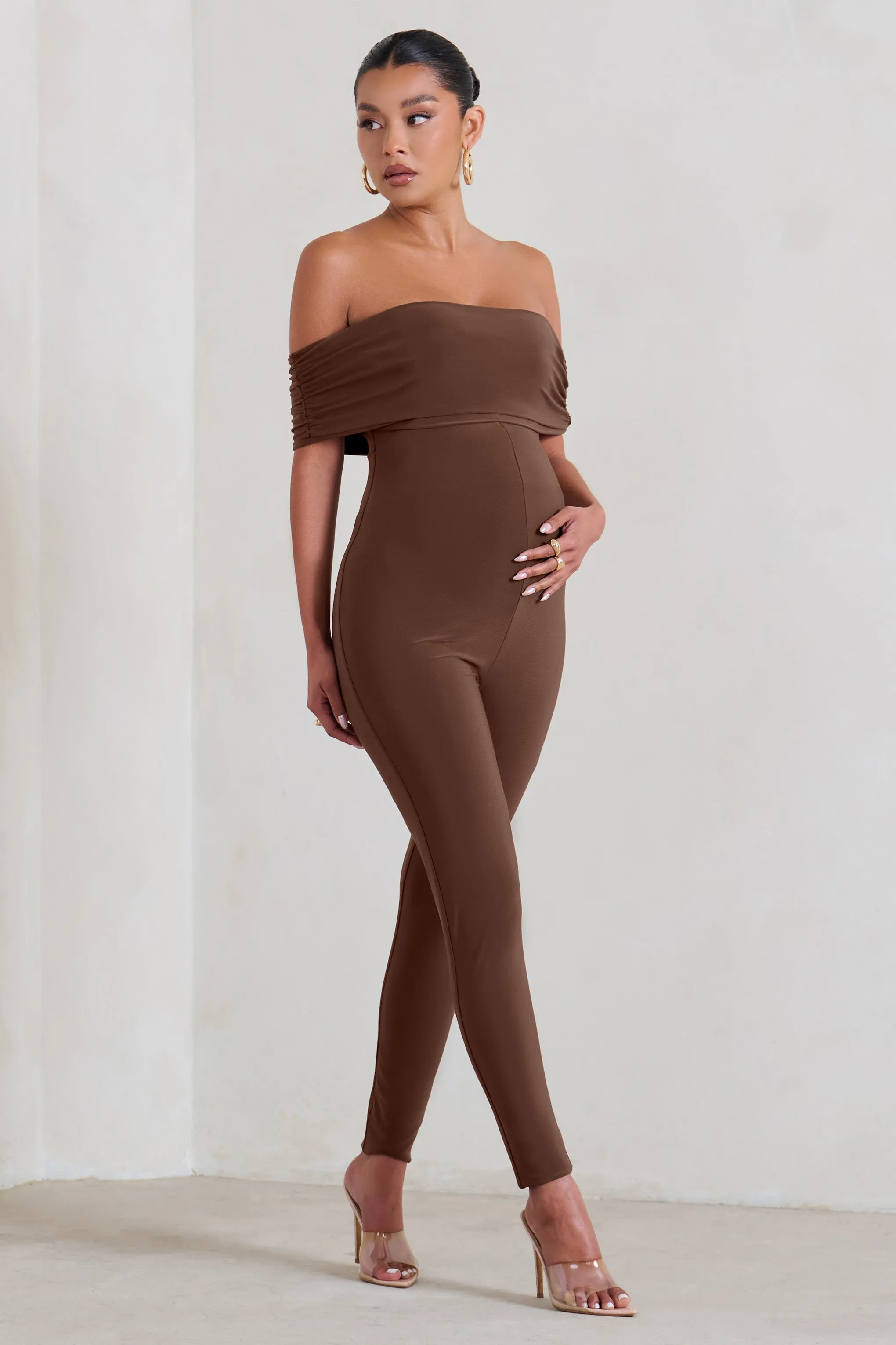 Carefully Crafted | Chocolate Maternity Bardot Fitted Jumpsuit