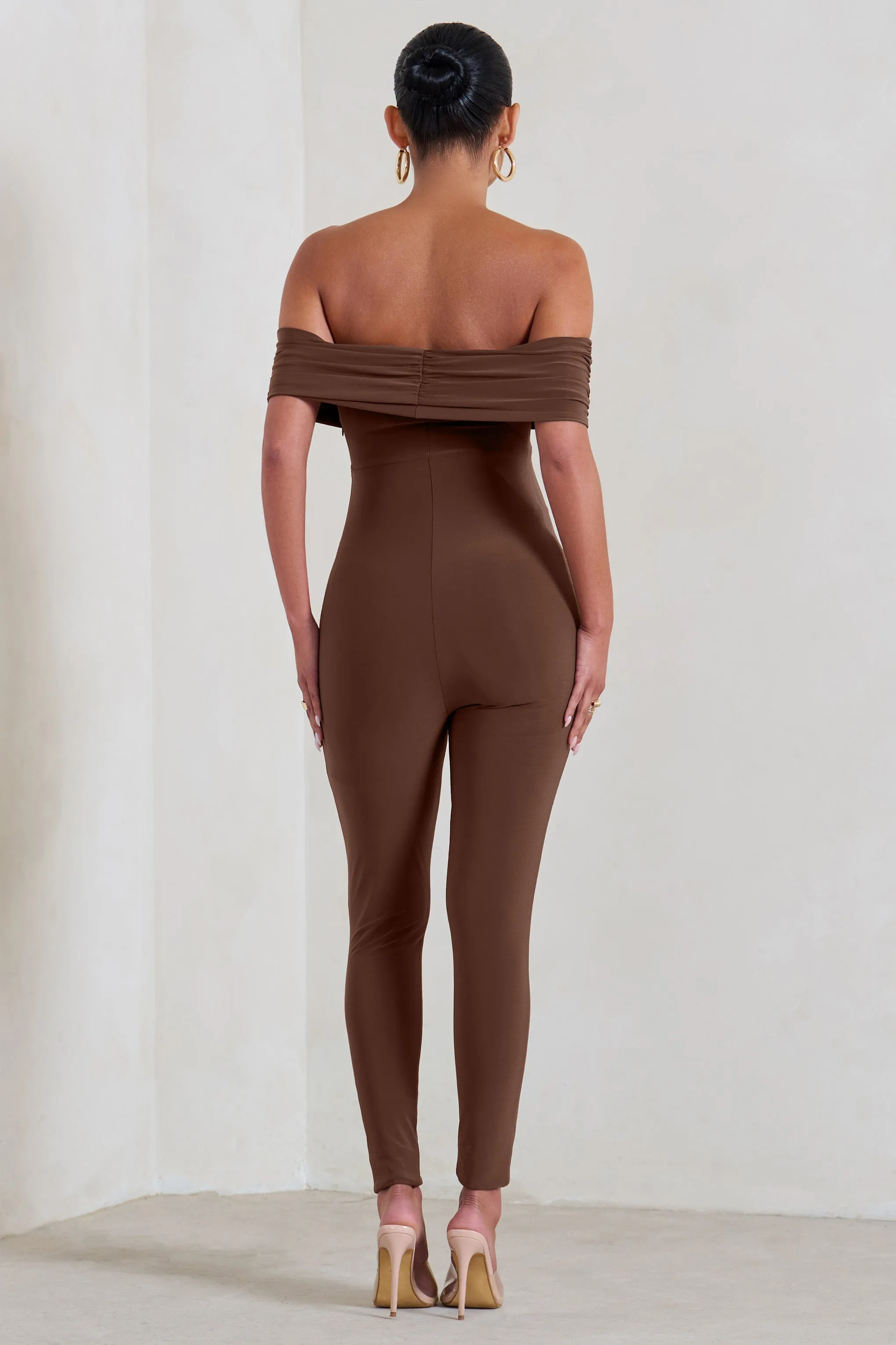 Carefully Crafted | Chocolate Maternity Bardot Fitted Jumpsuit