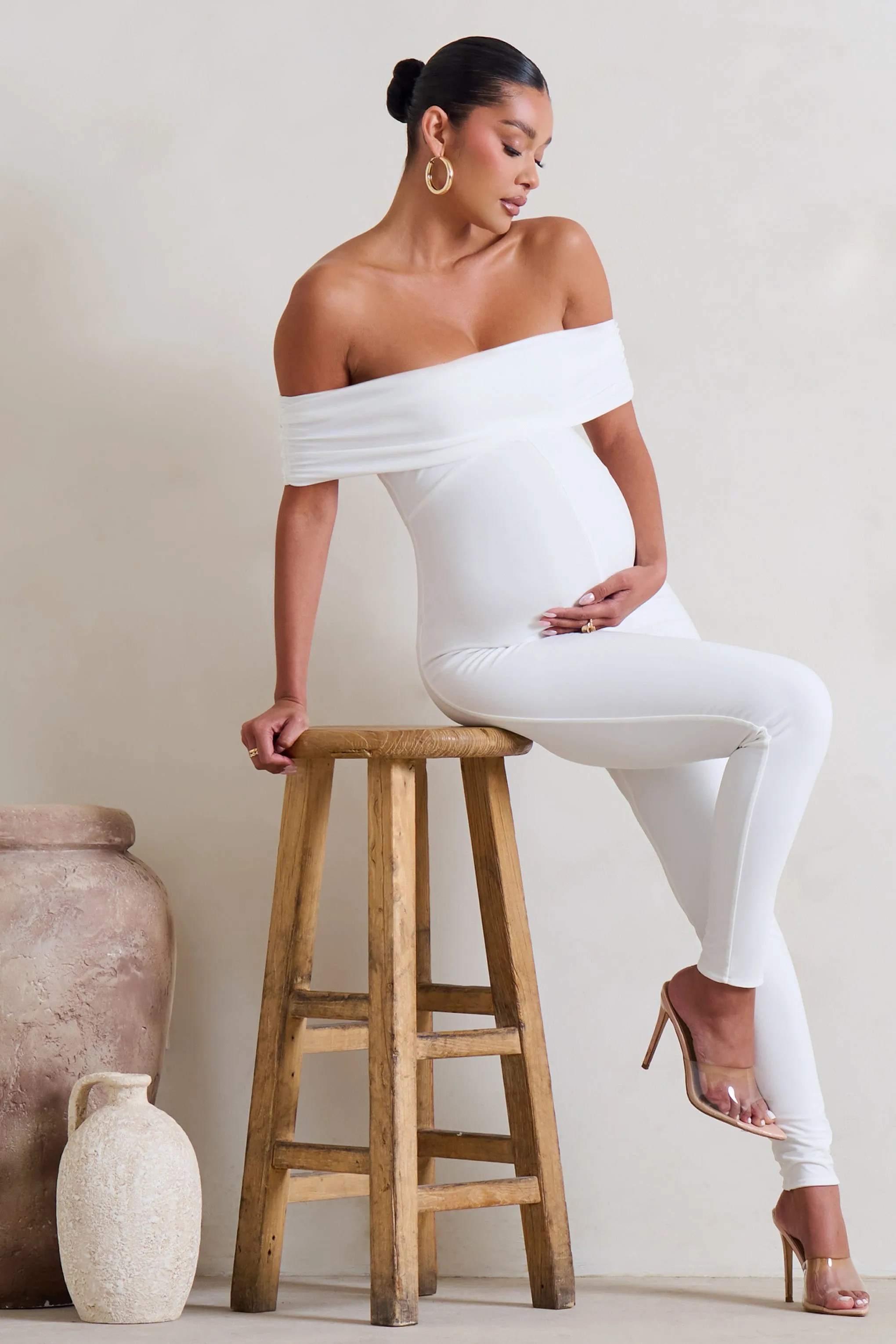 Carefully Crafted | White Maternity Bardot Fitted Jumpsuit