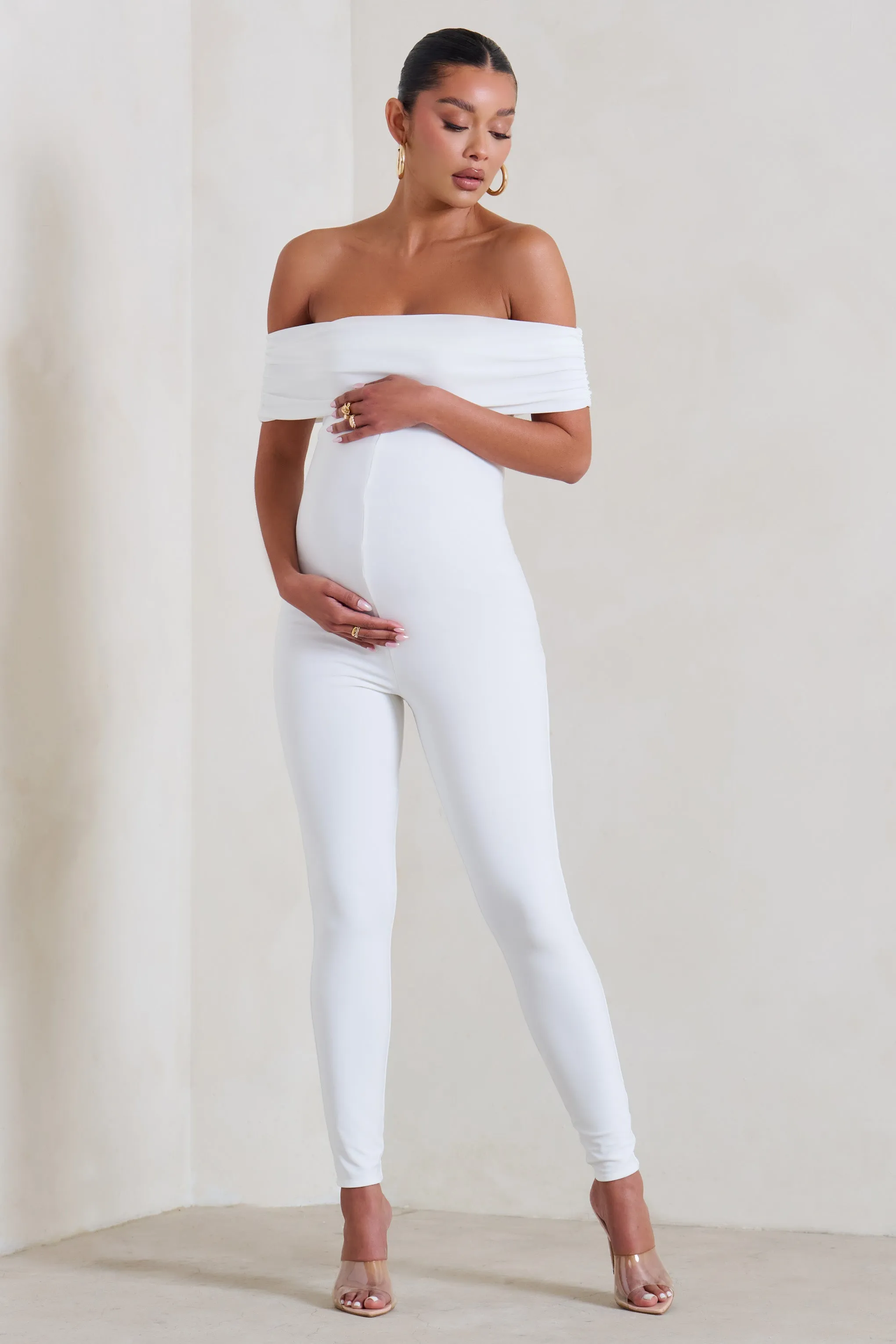 Carefully Crafted | White Maternity Bardot Fitted Jumpsuit