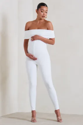 Carefully Crafted | White Maternity Bardot Fitted Jumpsuit