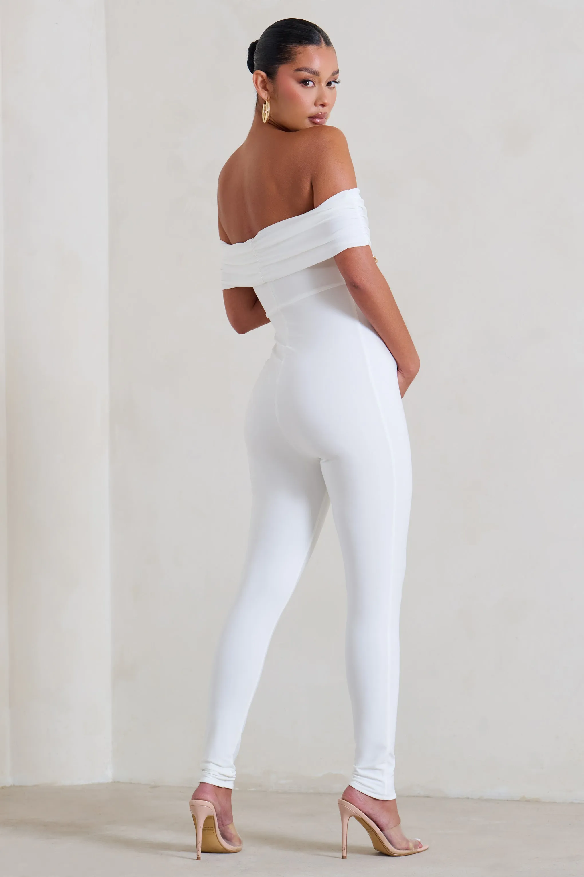 Carefully Crafted | White Maternity Bardot Fitted Jumpsuit