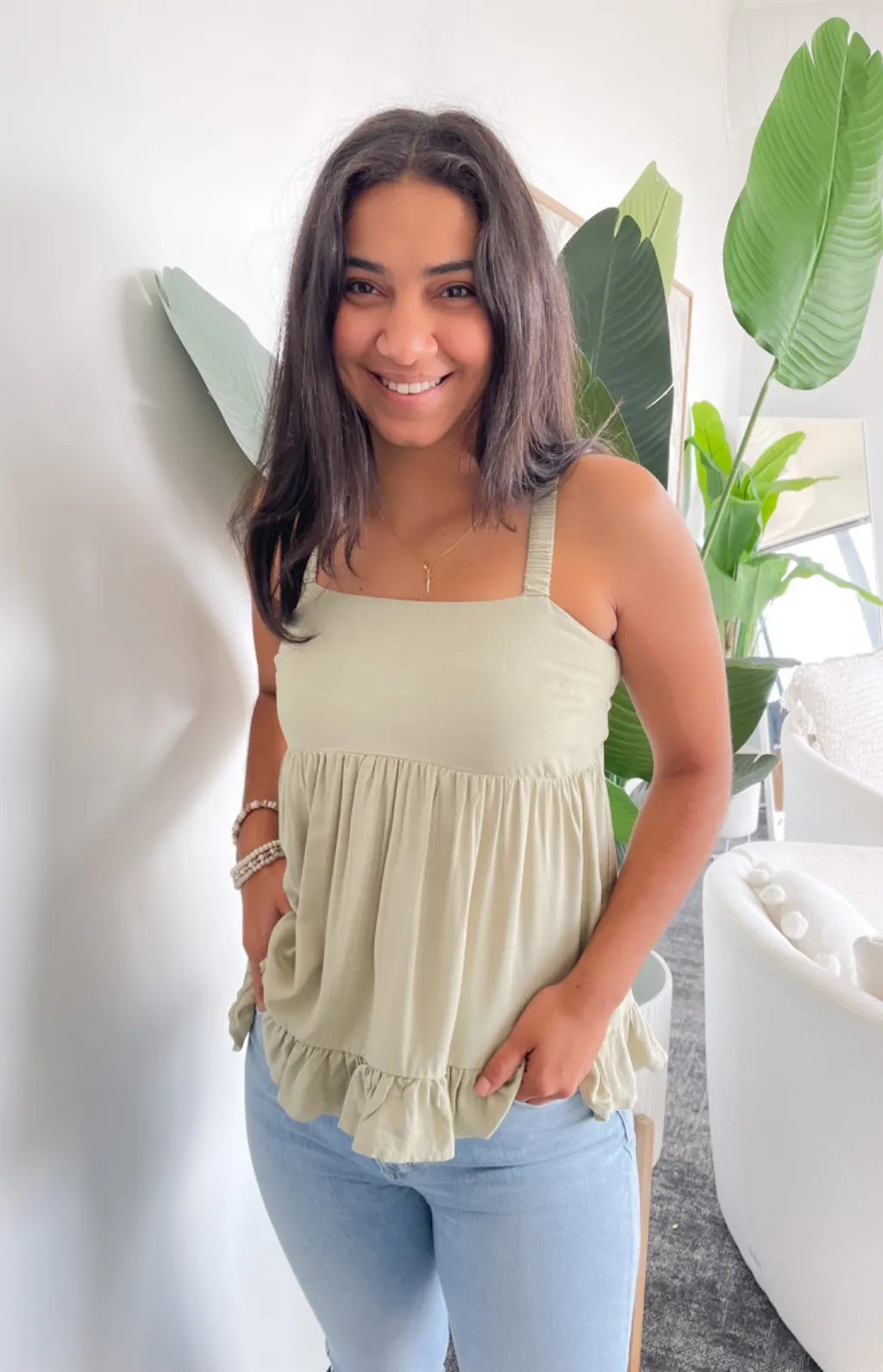 Chloe Green Ruffle Tank Top