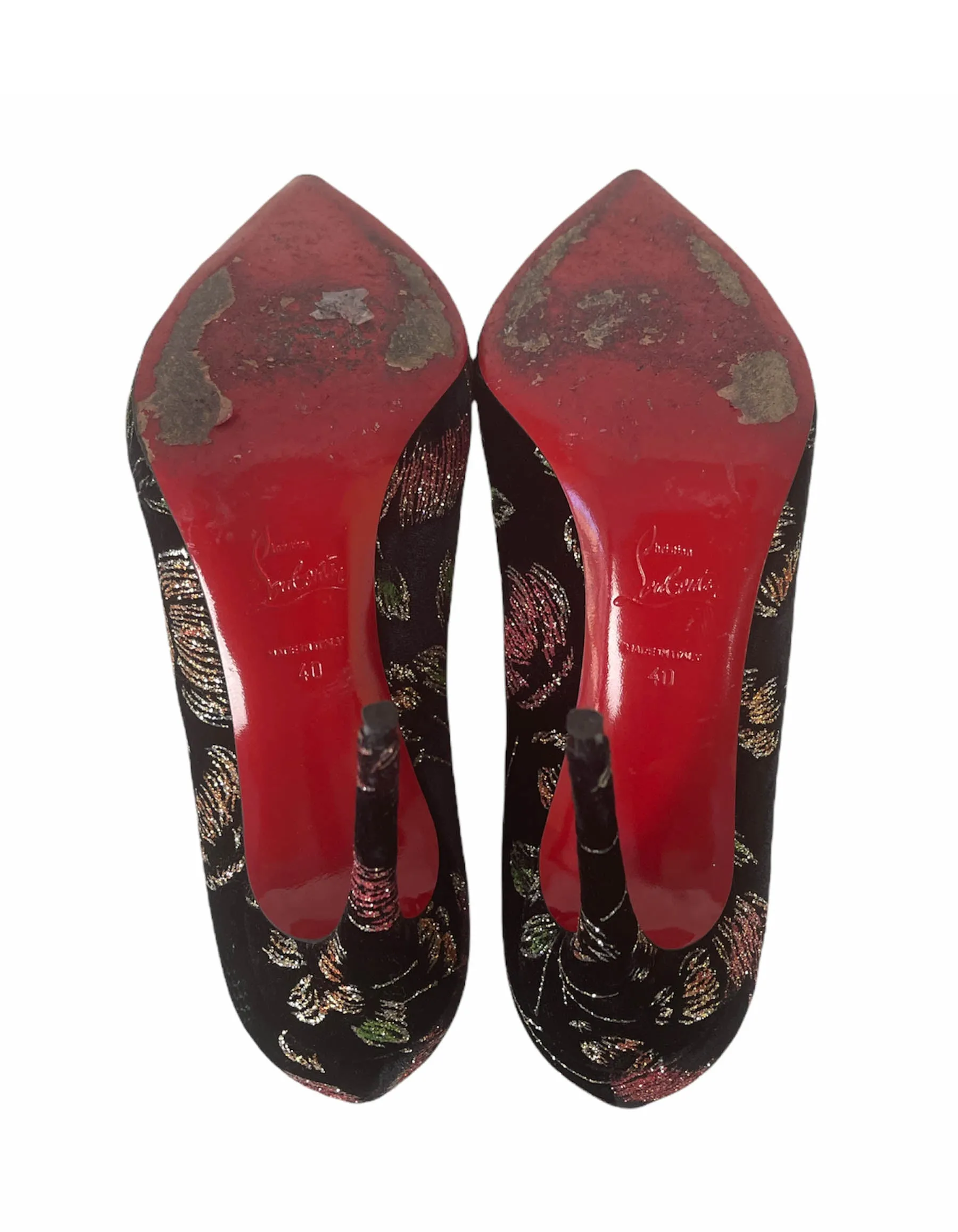 Christian Louboutin Black Velvet Floral Pigalle Follies 100 Ronsard Pumps sz 40