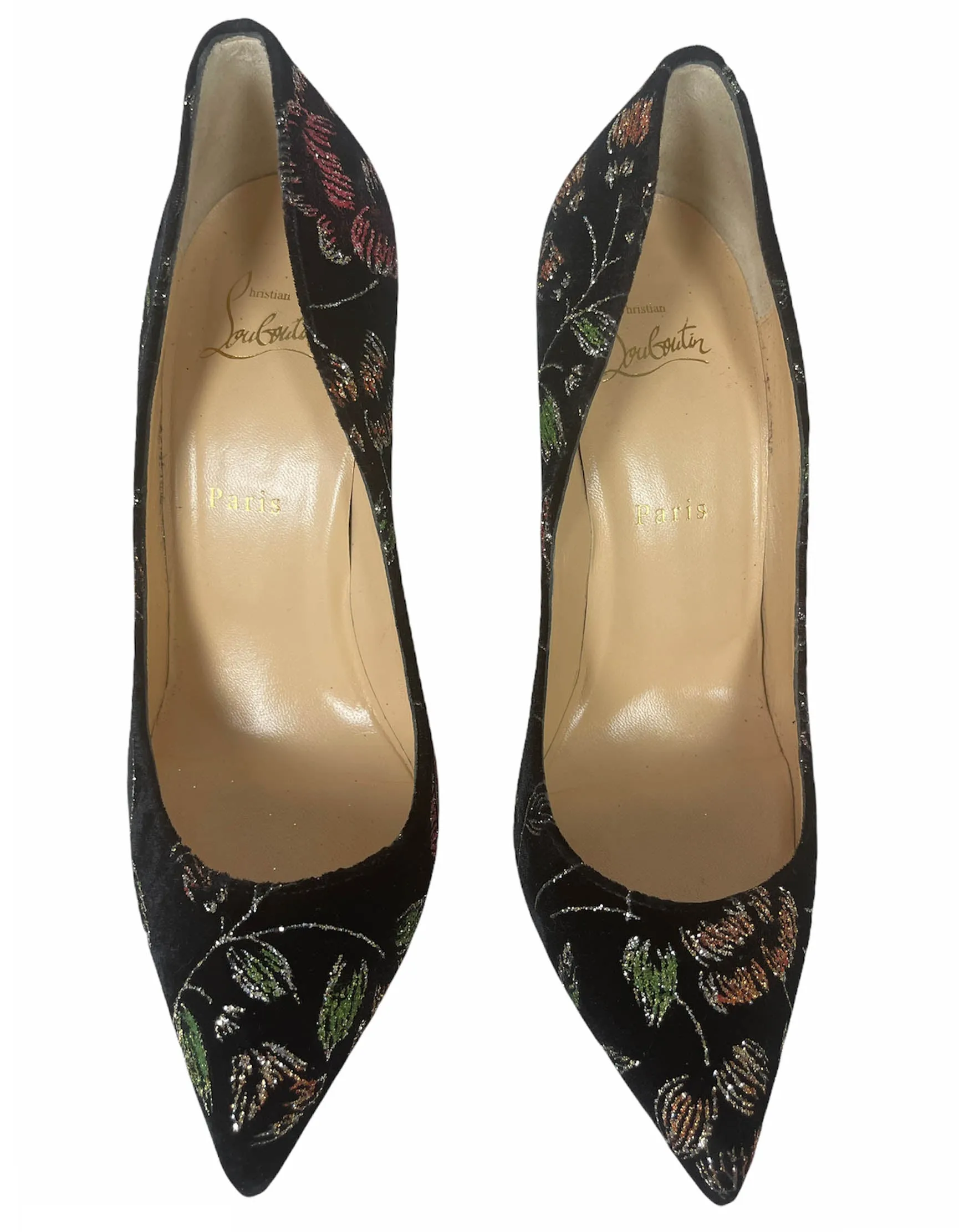 Christian Louboutin Black Velvet Floral Pigalle Follies 100 Ronsard Pumps sz 40