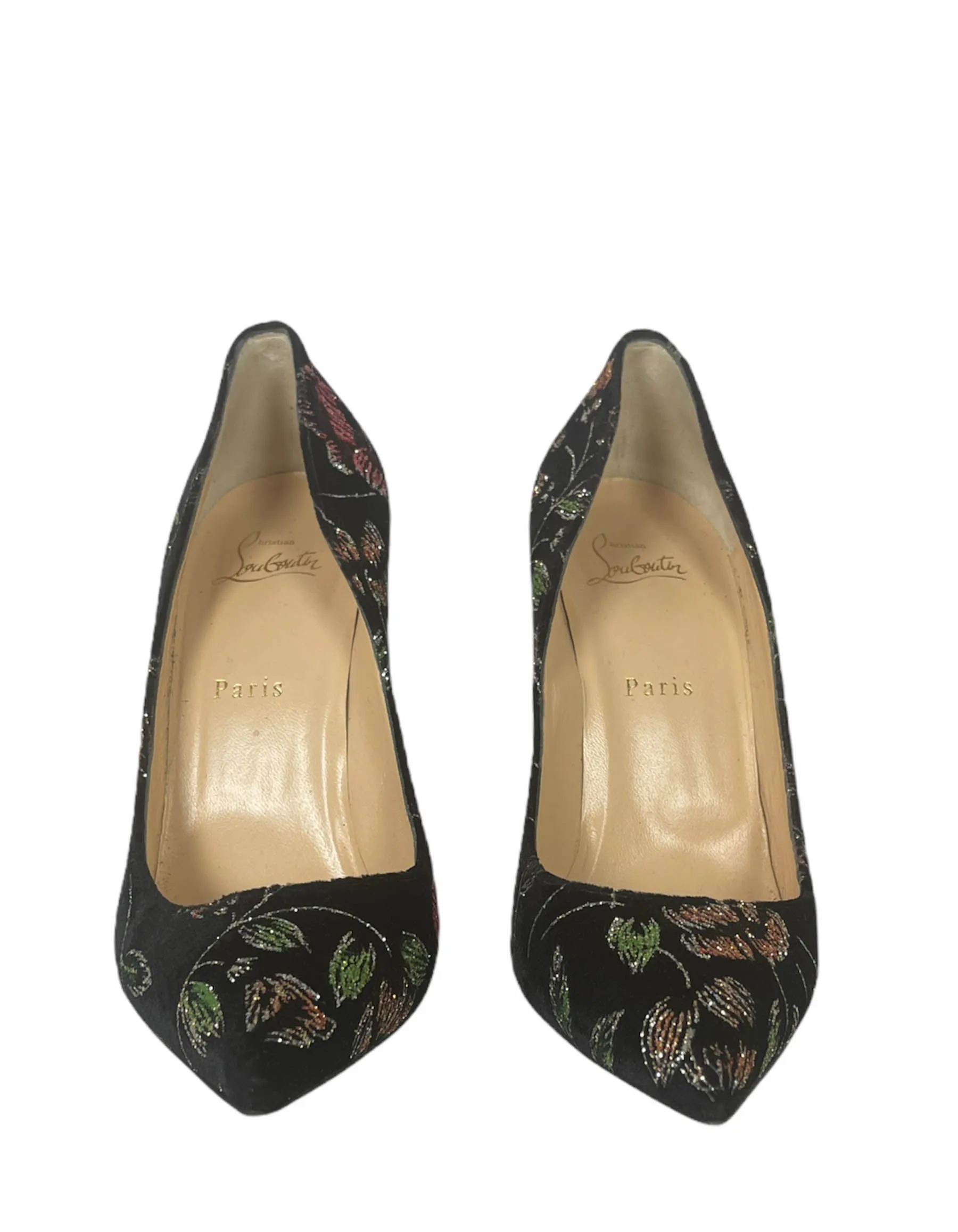 Christian Louboutin Black Velvet Floral Pigalle Follies 100 Ronsard Pumps sz 40