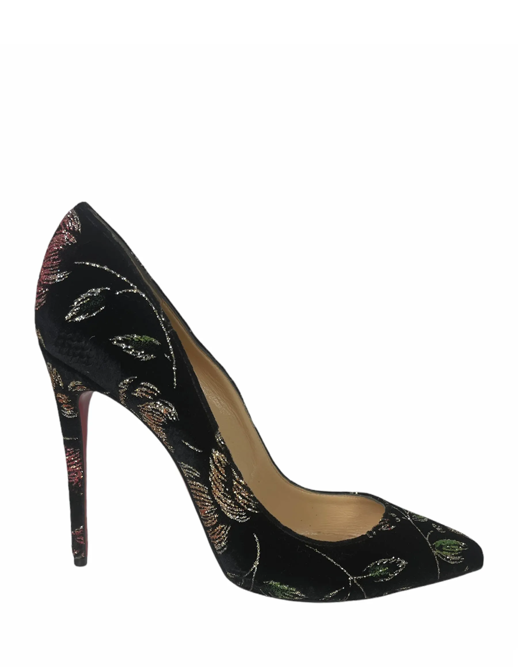 Christian Louboutin Black Velvet Floral Pigalle Follies 100 Ronsard Pumps sz 40