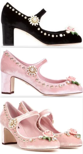 Crystal-Embellished Velvet Pumps, Black or Pink