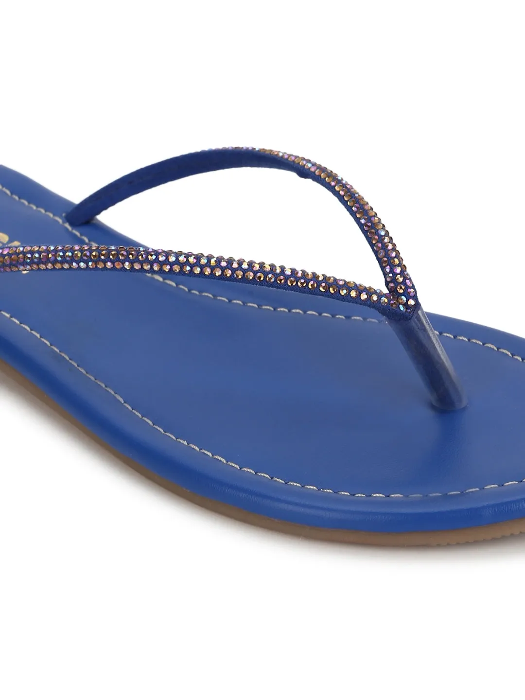 Embellished Blue PU Slip on Flat Sandals