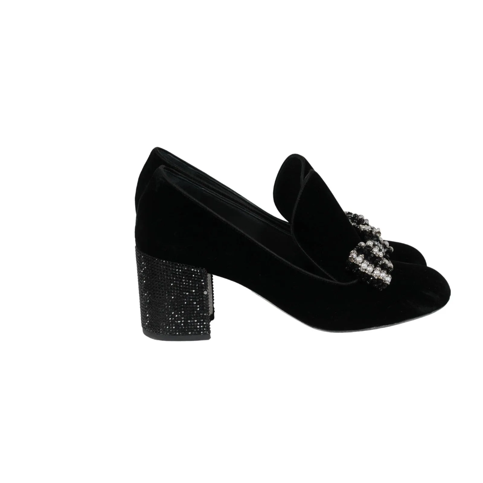 Embellished Bow Loafer Black Velvet Pearl Pumps