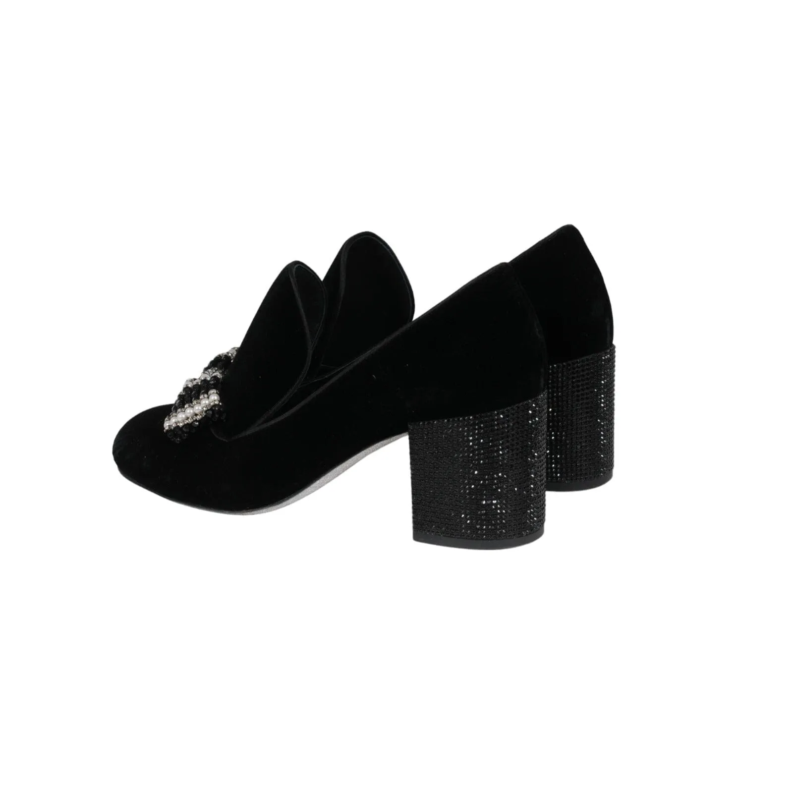 Embellished Bow Loafer Black Velvet Pearl Pumps