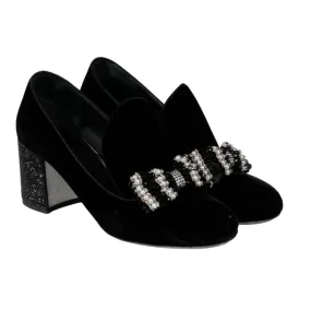 Embellished Bow Loafer Black Velvet Pearl Pumps