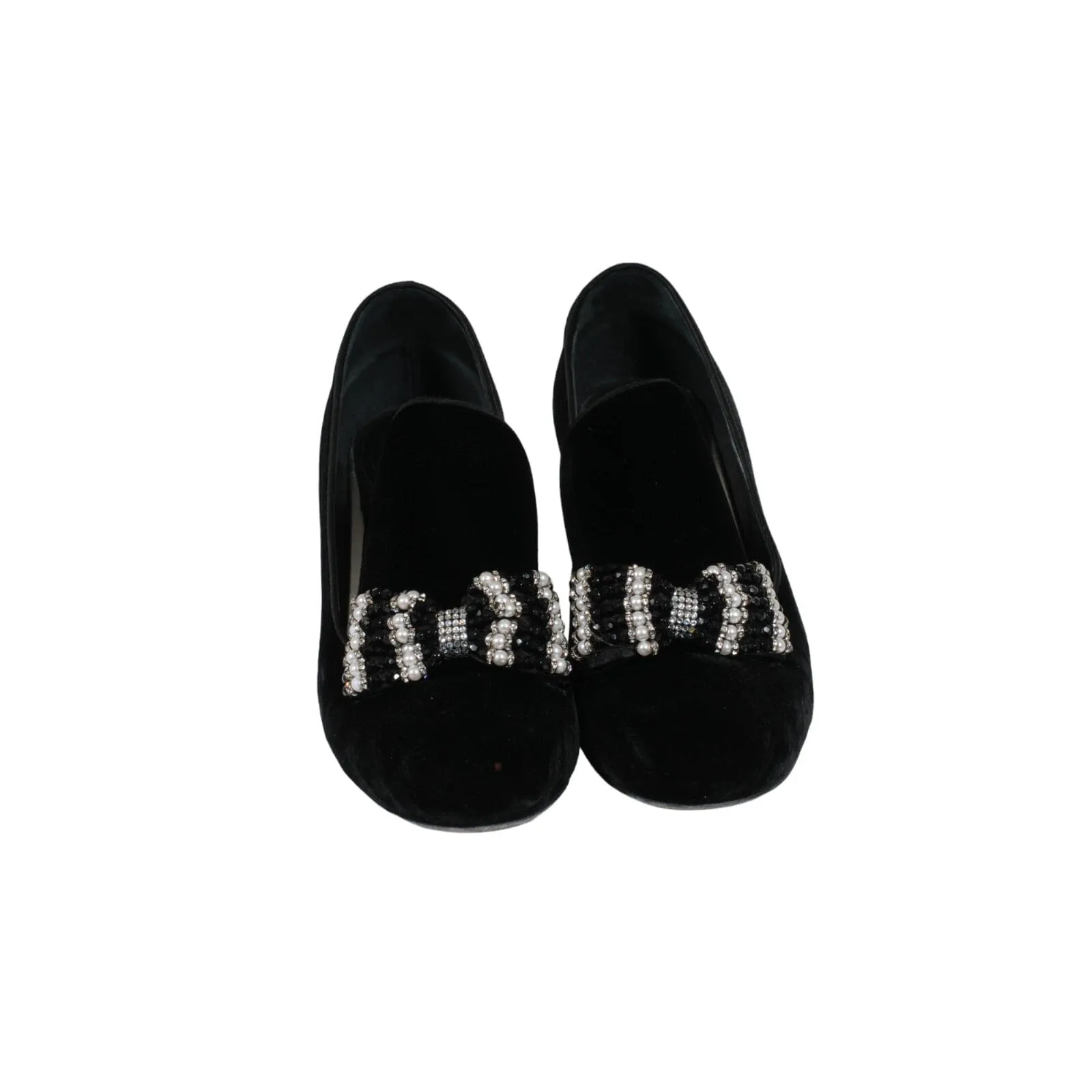 Embellished Bow Loafer Black Velvet Pearl Pumps