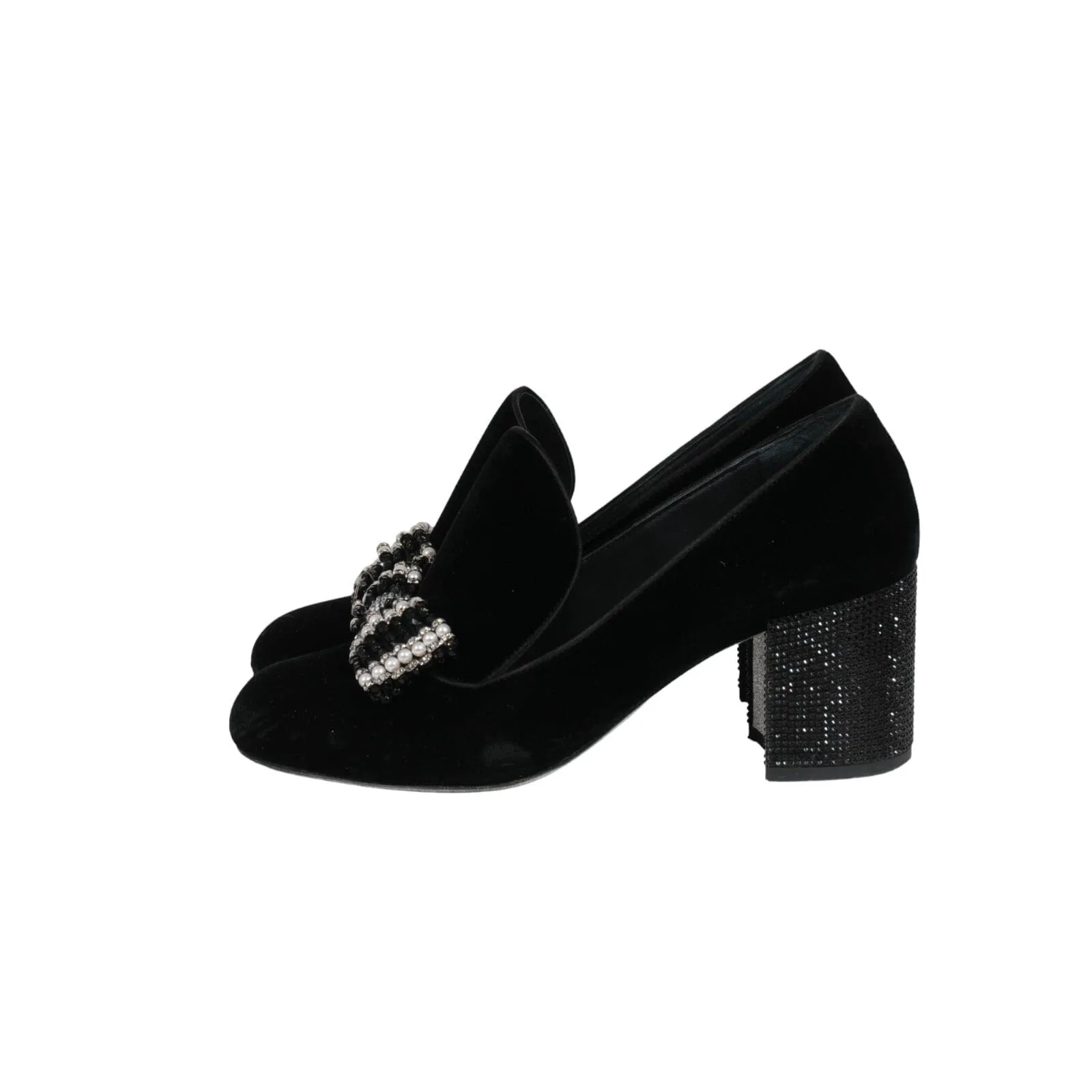 Embellished Bow Loafer Black Velvet Pearl Pumps