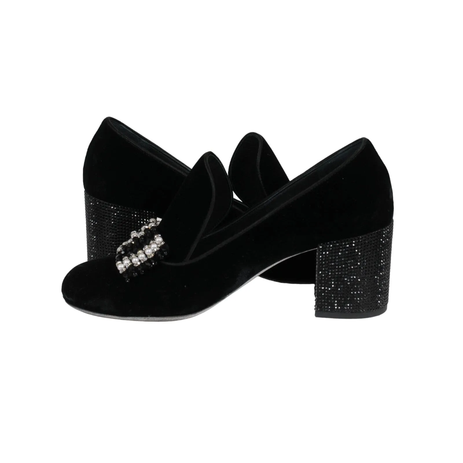 Embellished Bow Loafer Black Velvet Pearl Pumps