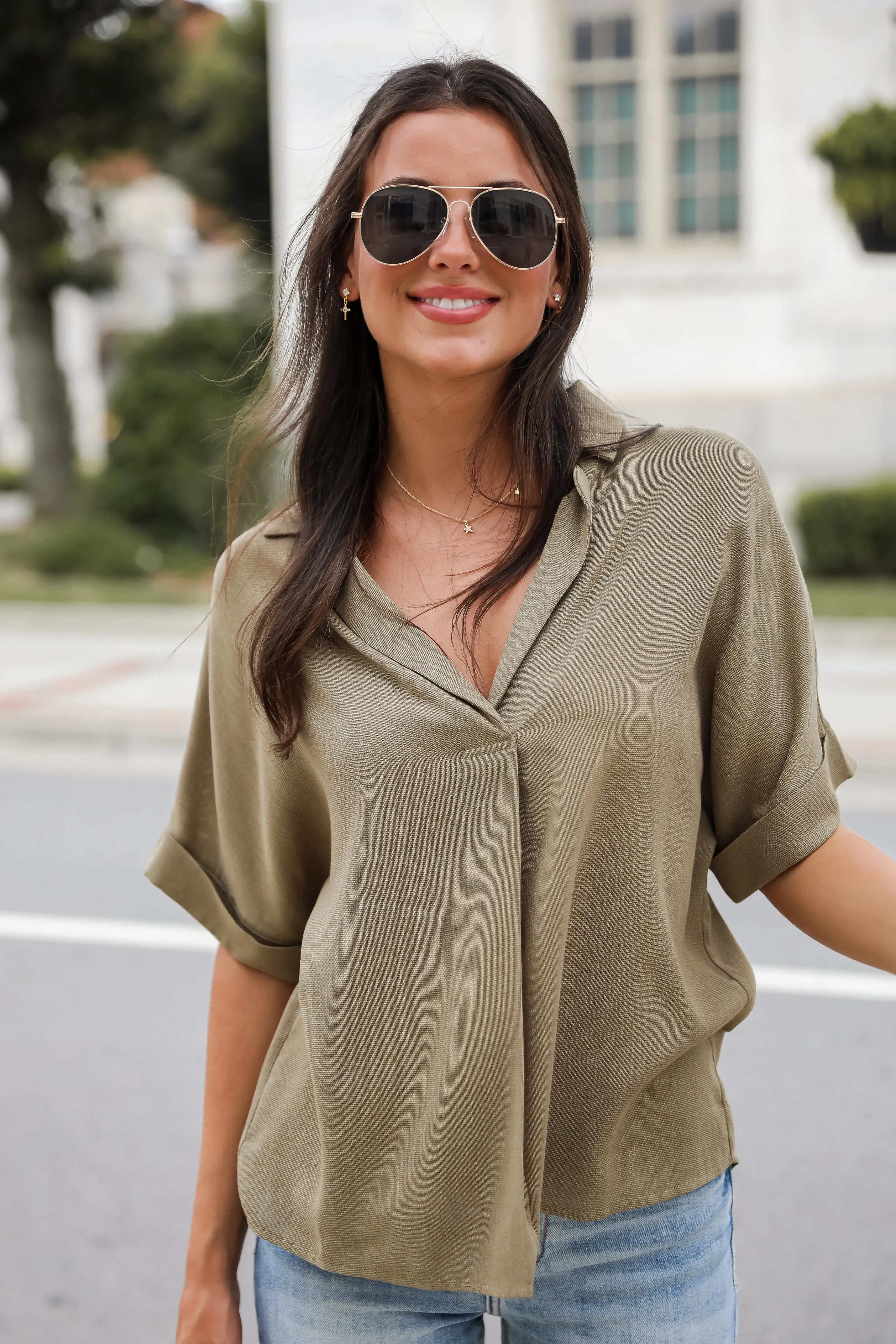 FINAL SALE - Breezy Fascination Olive Blouse - DU DEAL