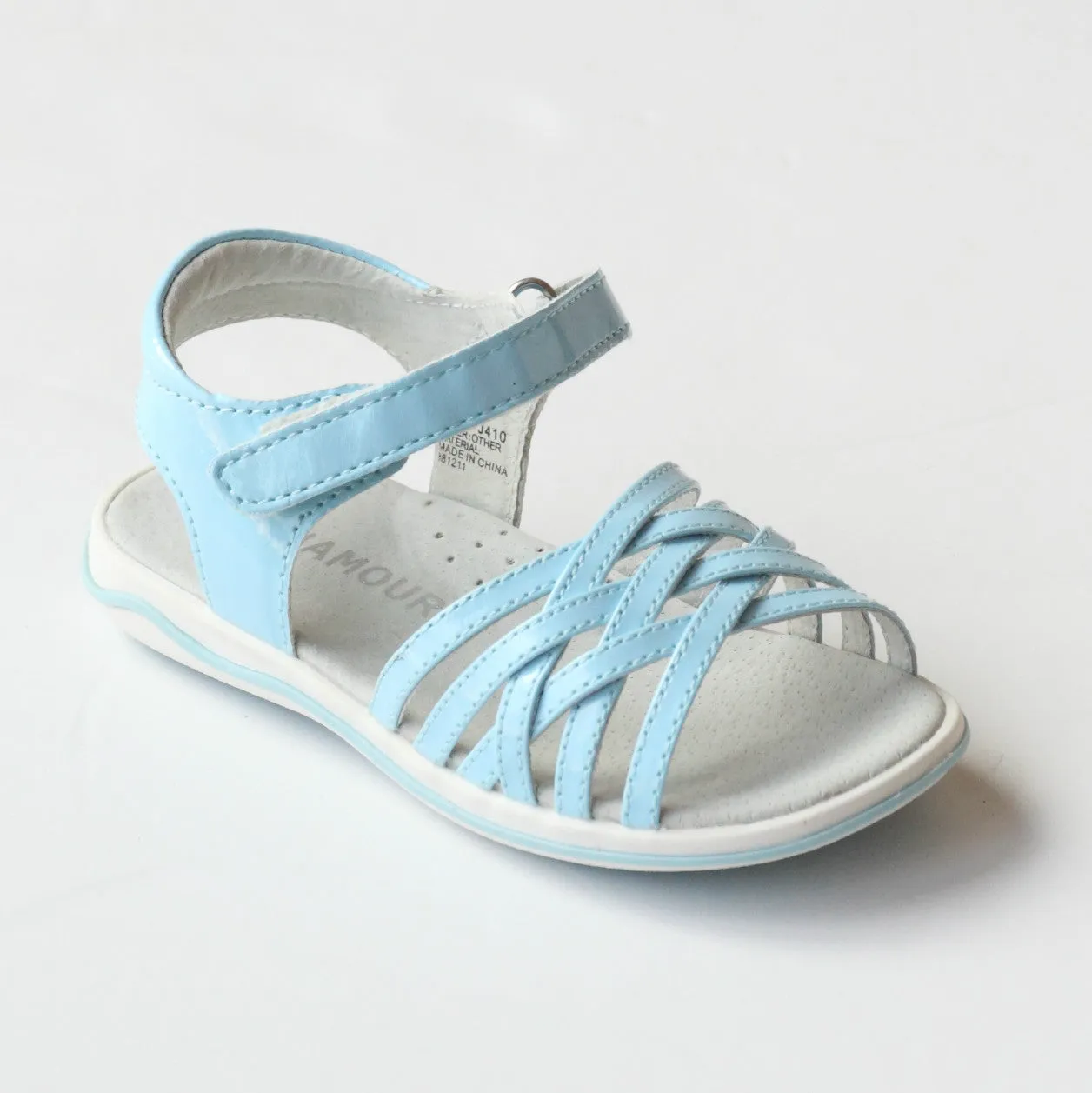 FINAL SALE - L'Amour Girls J410 Patent Blue Crisscross Sandals